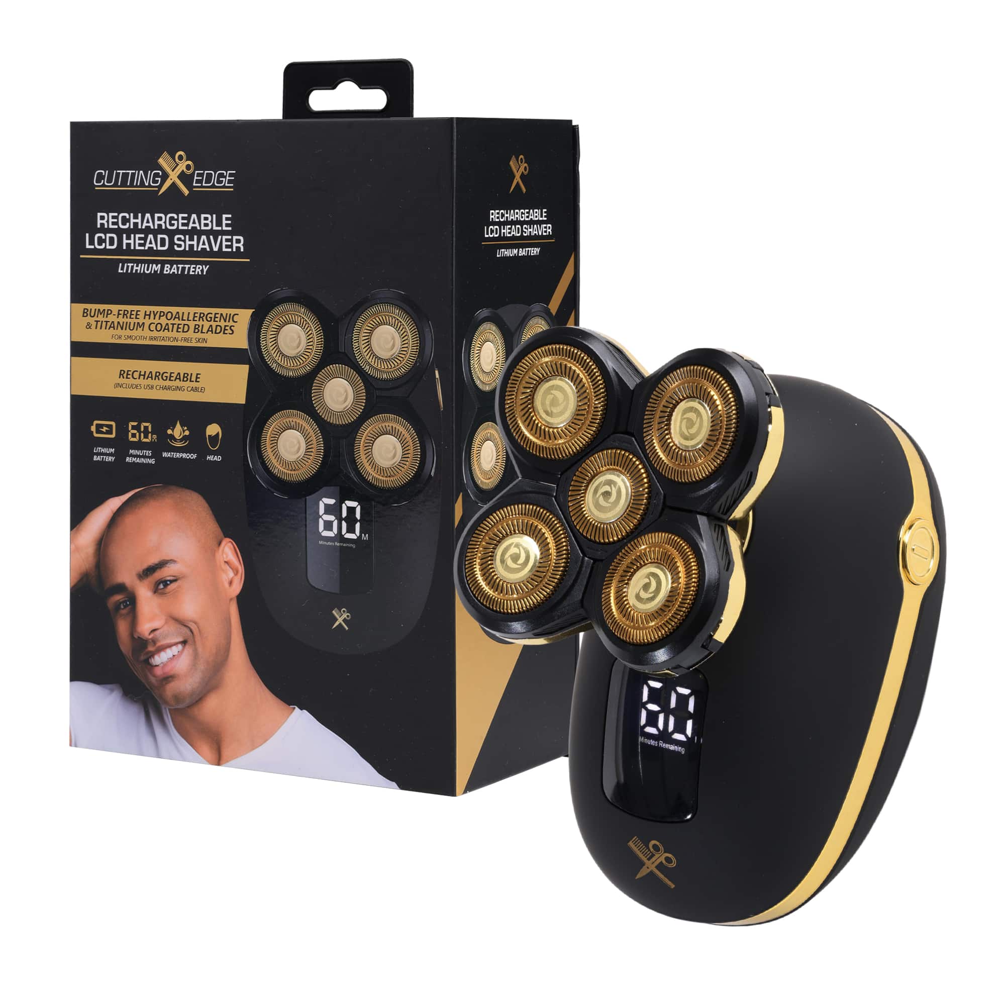Cutting Edge - Rechargeable Head Shaver for Men, 5 Pivoting Rotary Heads, Wet & Dry Waterproof Electric Head Razor - Black