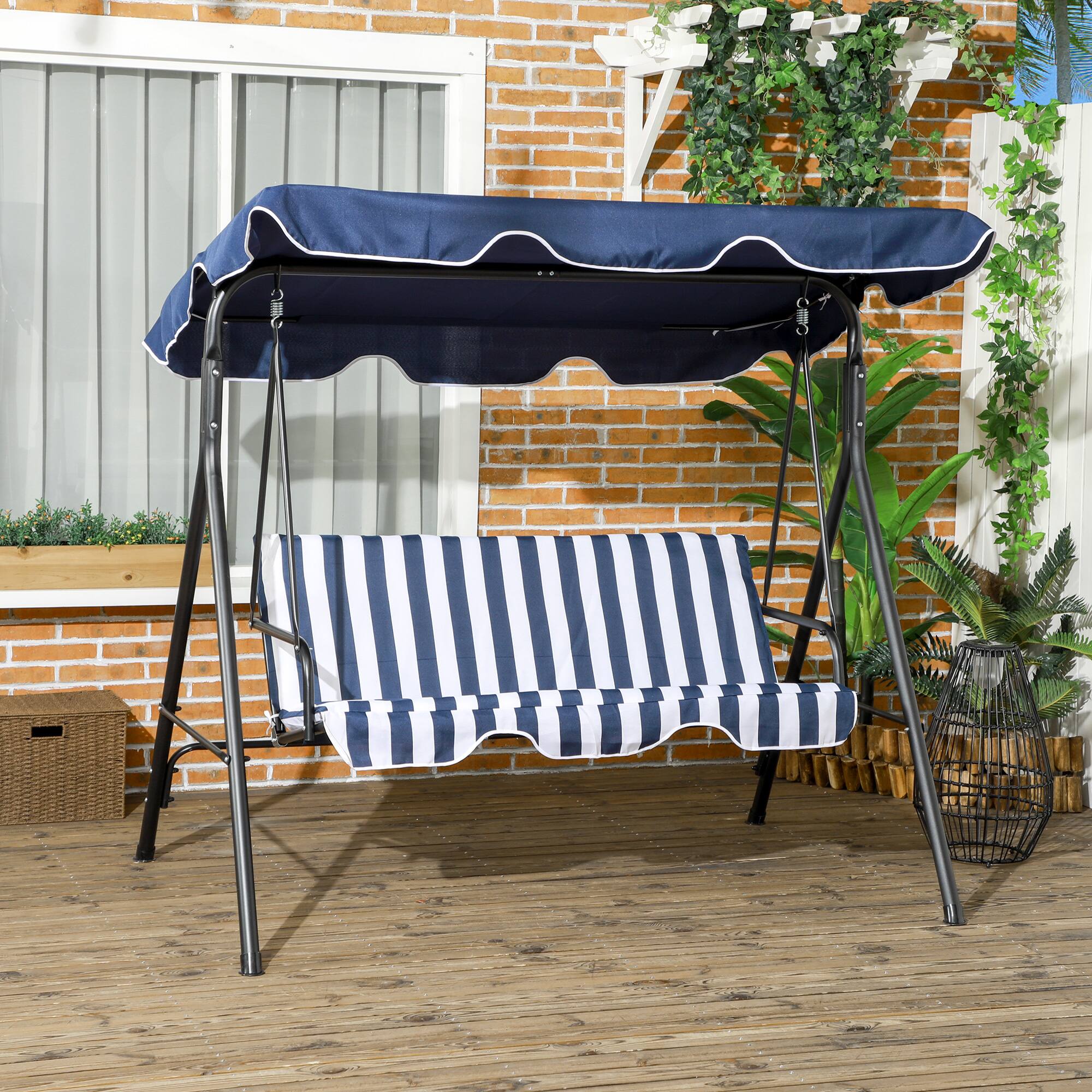Alt View 1. Outsunny - 3-Seat Outdoor Patio Swing Chair with Removable Cushion, Steel Frame Stand and Adjustable Tilt Canopy - Dark Blue.