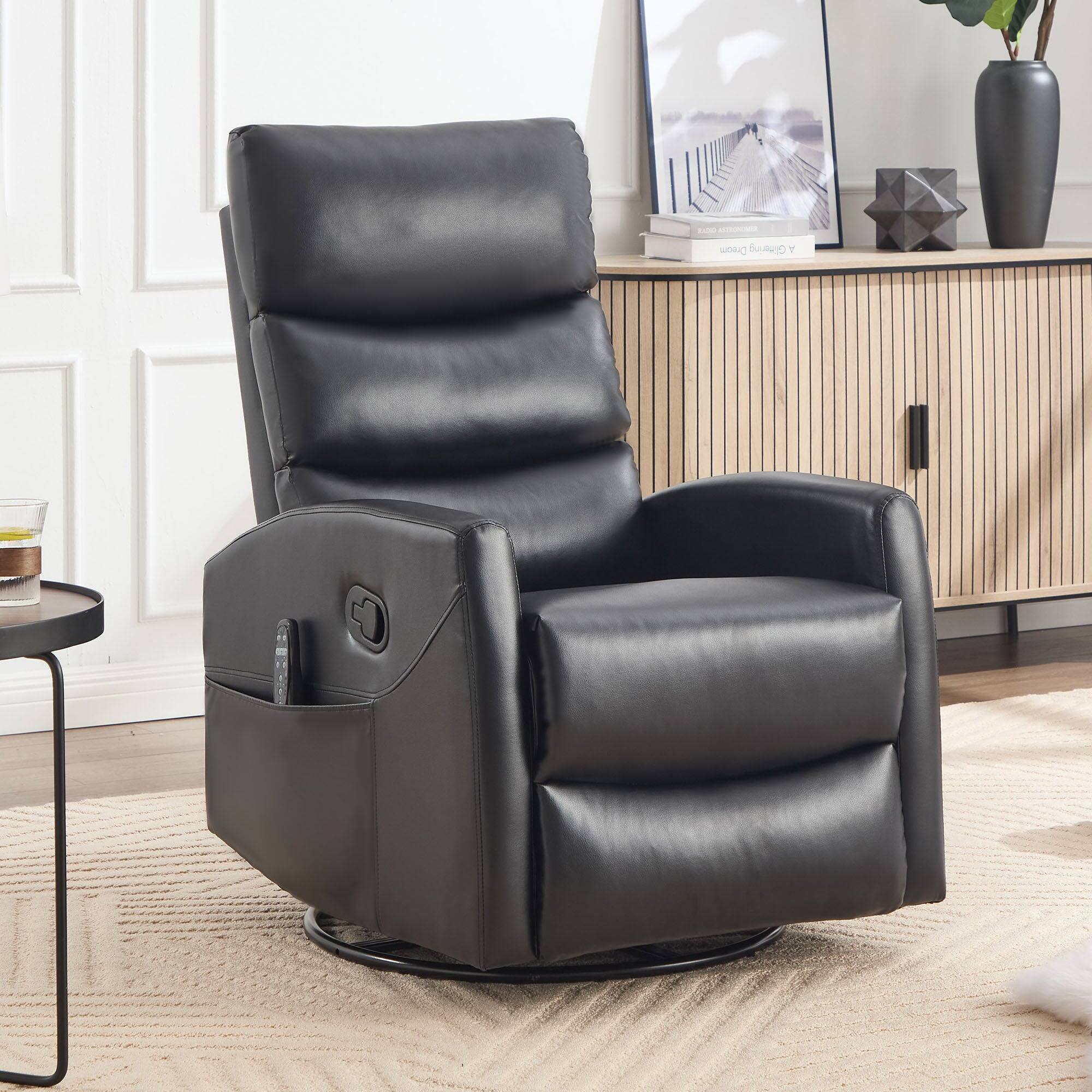 Boyel Living - Faux Leather Fabric Heat Massage Manual Recliner Chair with Rocker and Swivel for Living Room - Black