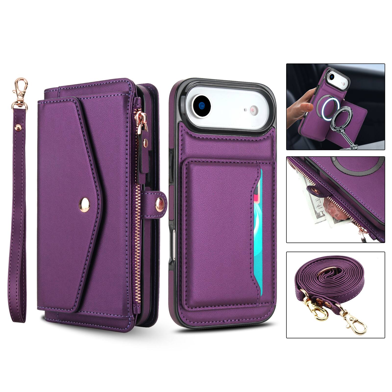 Back. Dteck - Crossbody RFID Blocking Zipper Wallet Card For iPhone Air (2025) Handbag Magnetic Kickstand Wrist Strap Case - Purple.