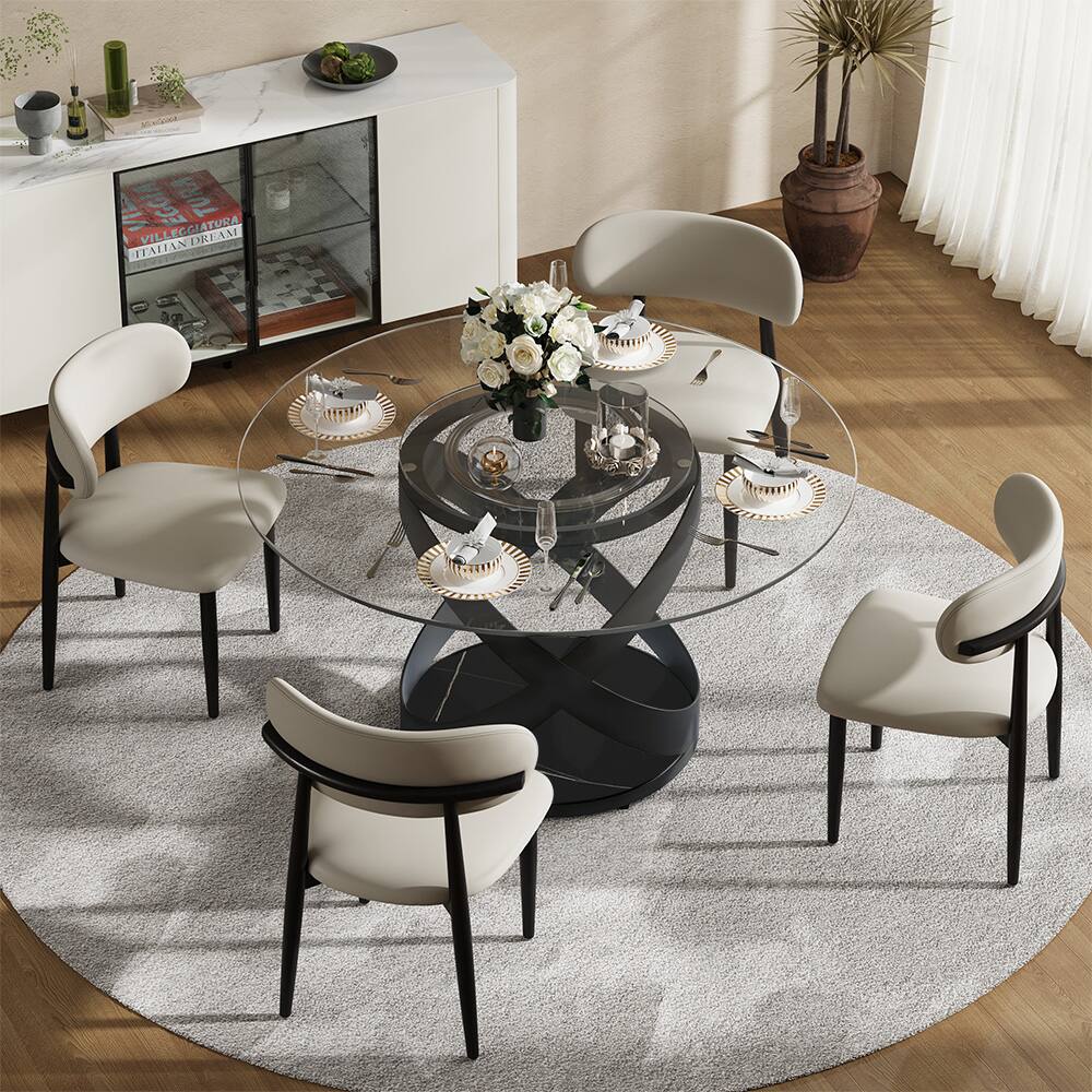 POVISON - 51" Modern Glass Round Dining Table for 4 with Lazy Susan, Clear Tempered Glass Tabletop, Black X Carbon Steel Base - Clear Tempered Glass with Black