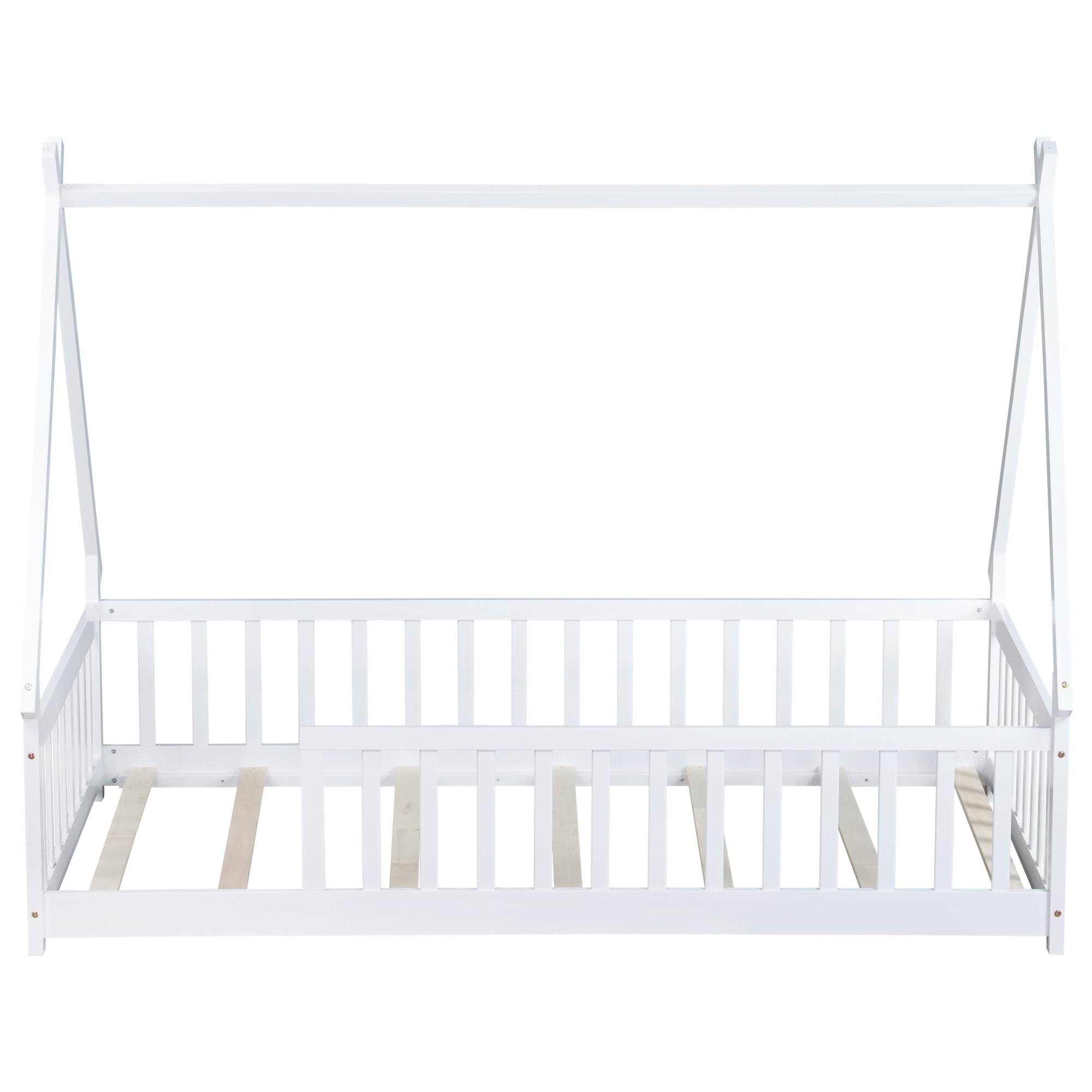 Alt View 1. GOODSILO - Twin-Size Tent-Shaped Low Profile Floor Bed with Safety Guardrails and Slatted Base - White.