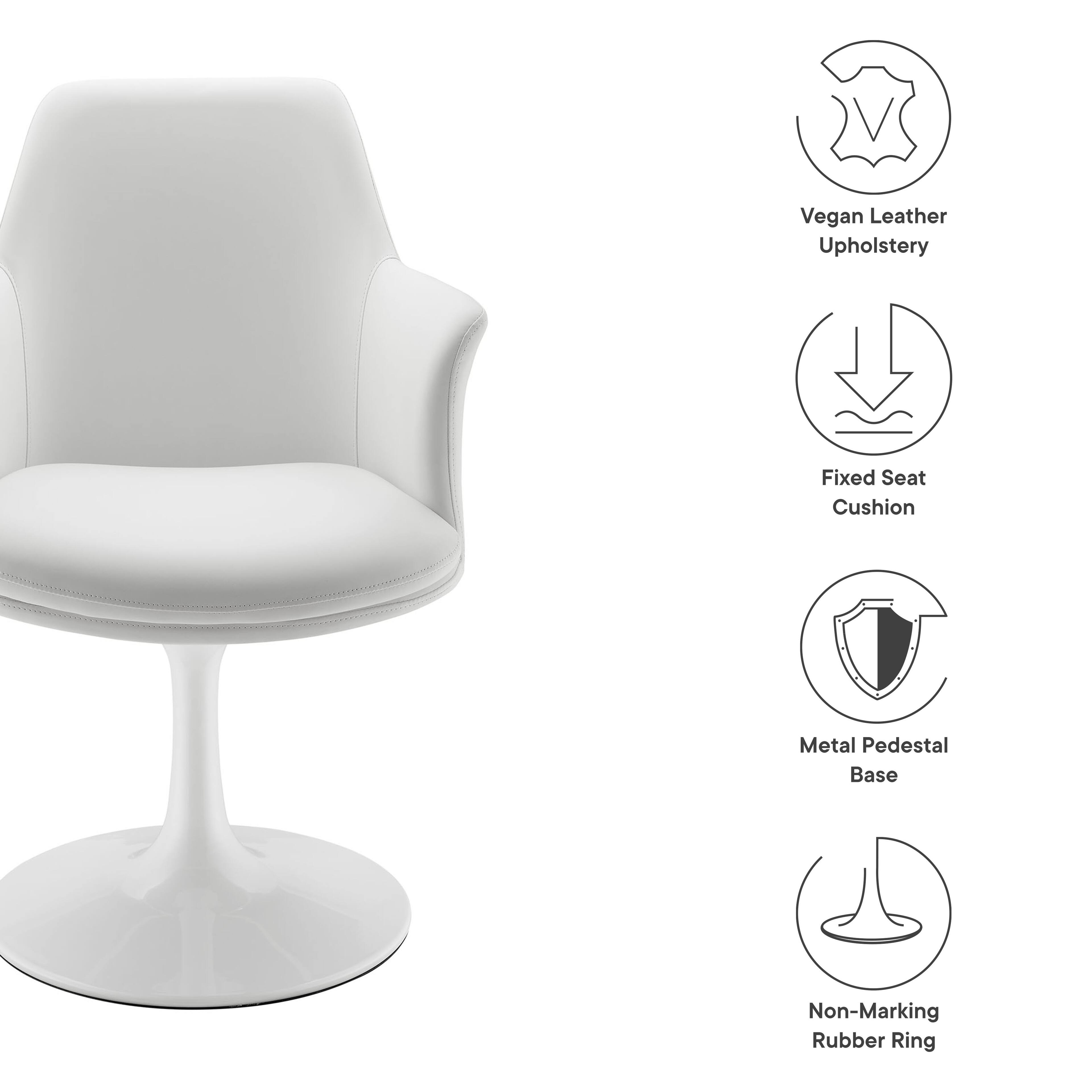 - Vegan Leather Upholstery
- Fixed Seat Cushion
- Metal Pedestal Base
- Non-Marking Rubber Ring