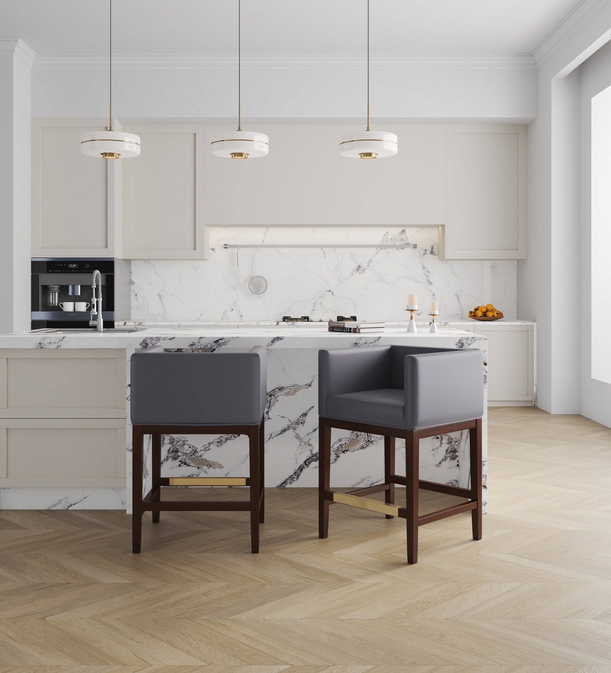 Angle. Manhattan Comfort - Kingsley Mid-Century Modern Wood Upholstered Counter Stool - Gray.