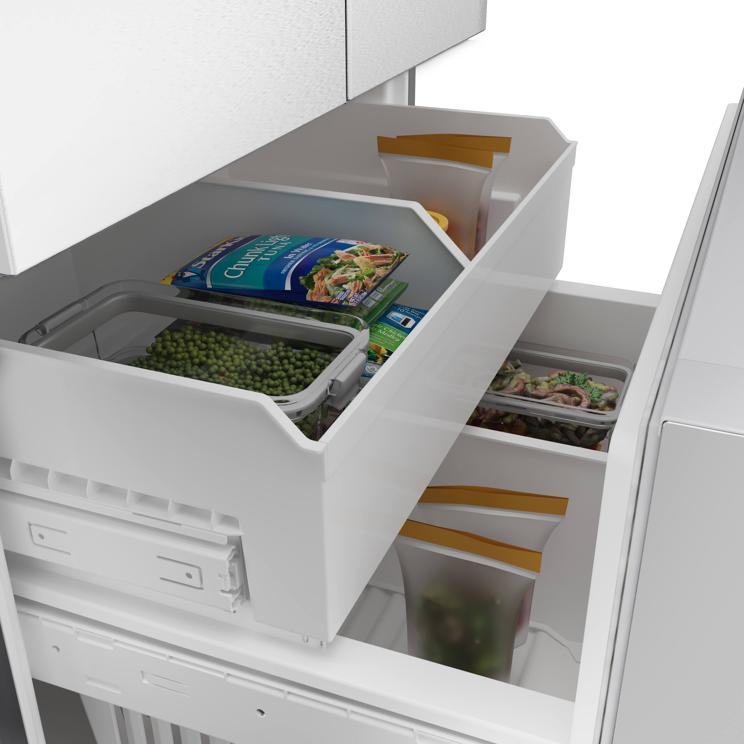The image shows a refrigerator with its door open, revealing a drawer filled with various food items. There are two trays of food, one containing tuna and the other containing broccoli. The drawer is also filled with other food items, including a bag of chicken and a bag of beans. The refrigerator is white, and the drawer is filled with a variety of foods, making it a well-stocked and diverse meal option.