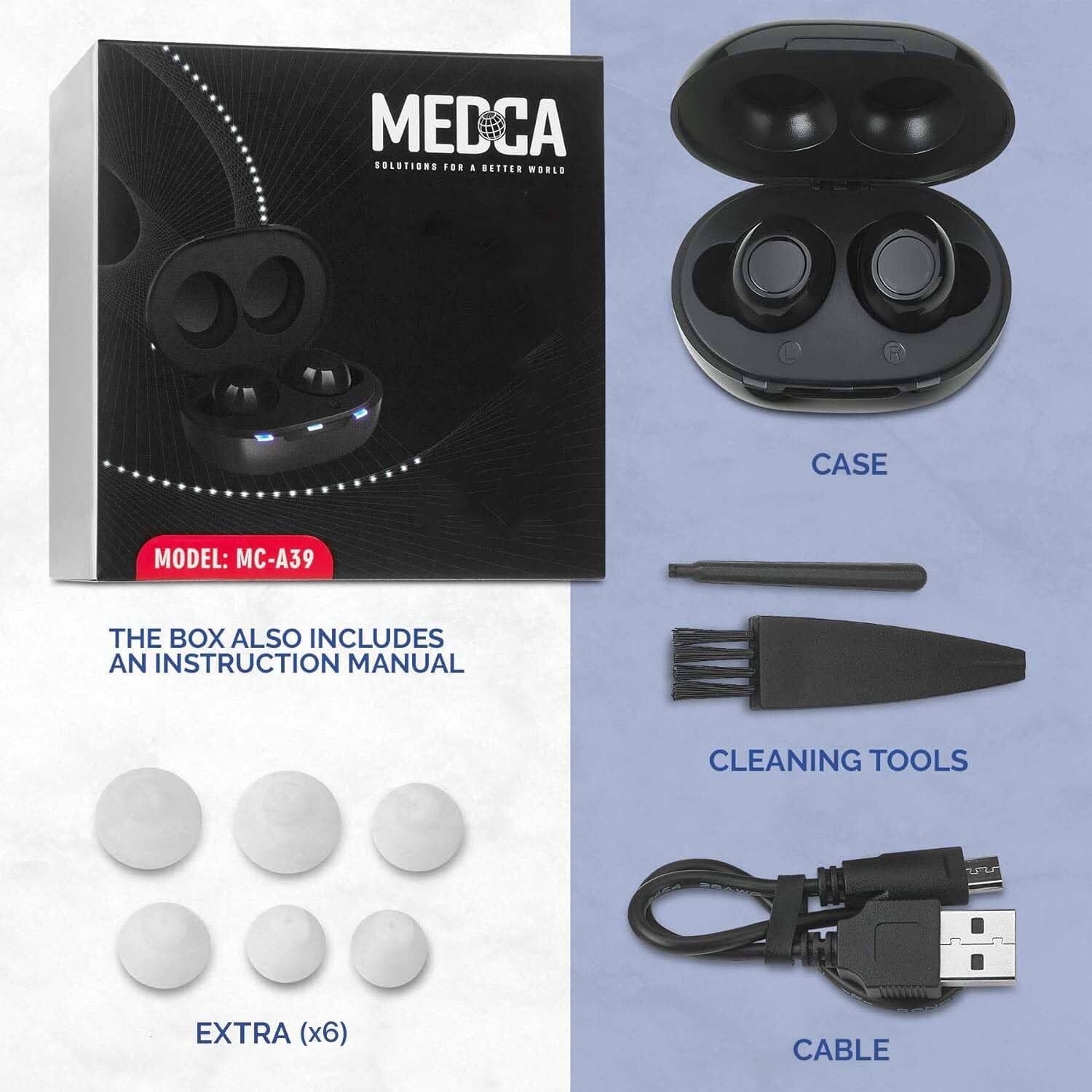MEDCA  
SOLUTIONS FOR A BETTER WORLD  

MODEL: MC-A39  

THE BOX ALSO INCLUDES AN INSTRUCTION MANUAL  

CASE  

CLEANING TOOLS  

EXTRA (x6)  

CABLE