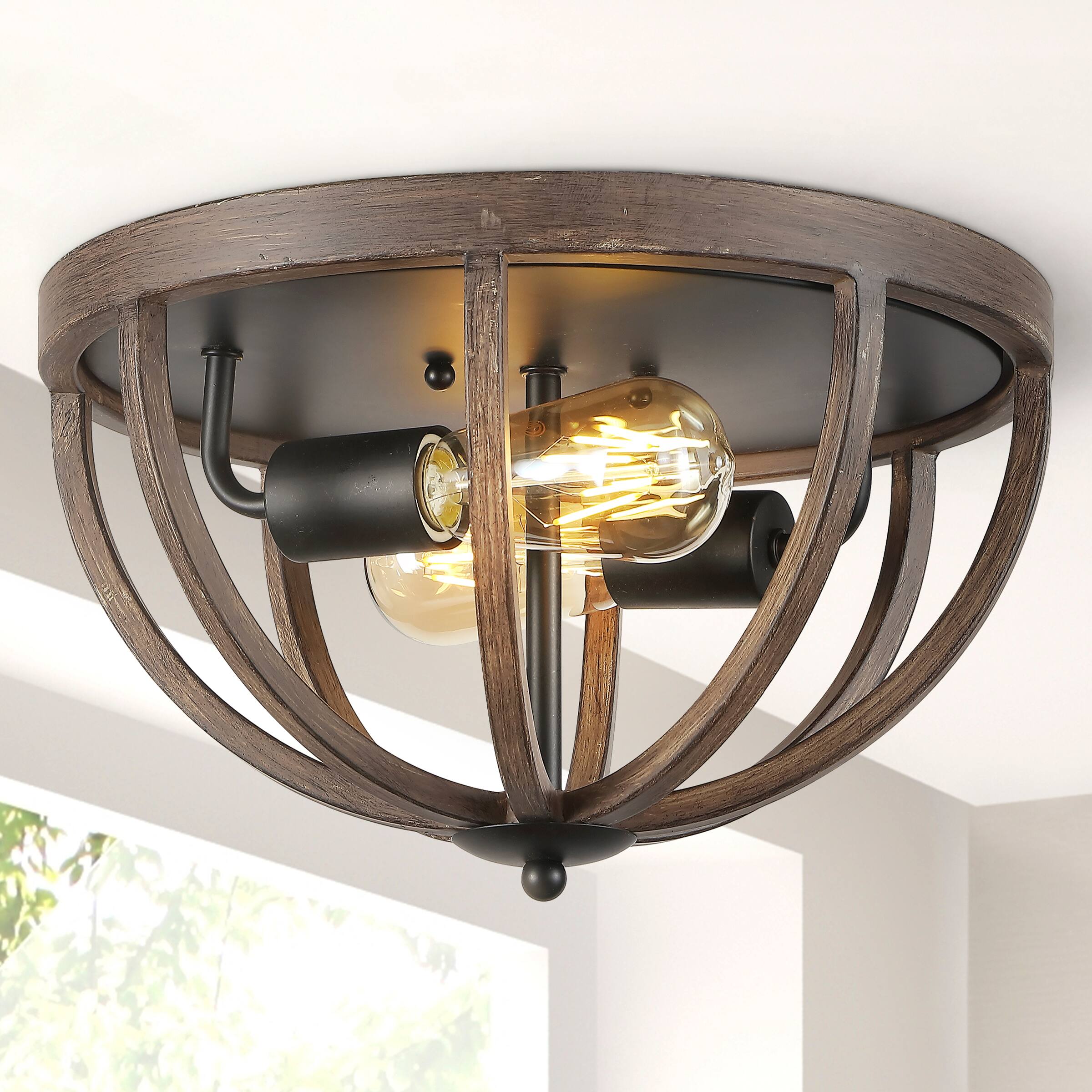 Alt View 1. Jonathan Y - Darlene 13" 2-Light Iron Rustic Farmhouse LED Flush Mount, Brown - Brown.