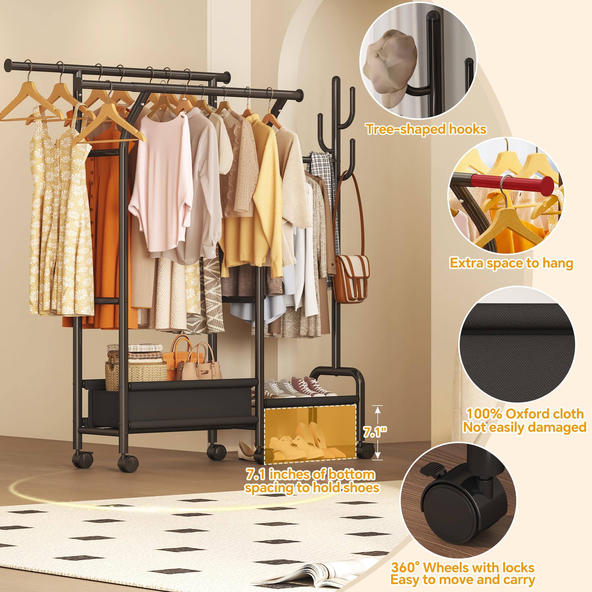 - Tree-shaped hooks
- Extra space to hang
- 7.1 inches of bottom spacing to hold shoes
- 100% Oxford cloth, not easily damaged
- 360° Wheels with locks, easy to move and carry