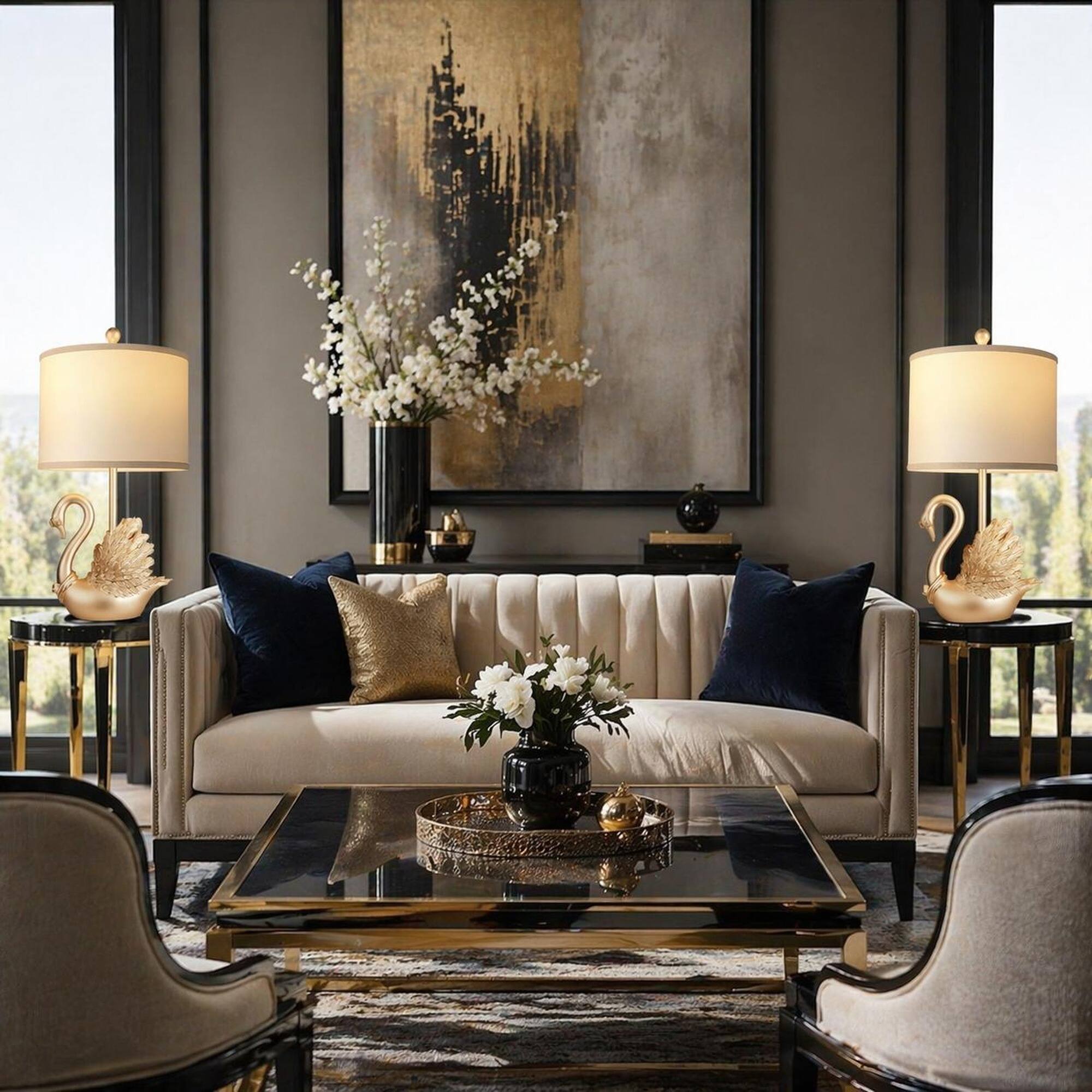 Angle. RYHNUYNE - Pair of Golden Brass Swan Table Lamps with LED Bulbs – Modern Elegant Nightstand Lights for Bedroom, Living Room - Golden.