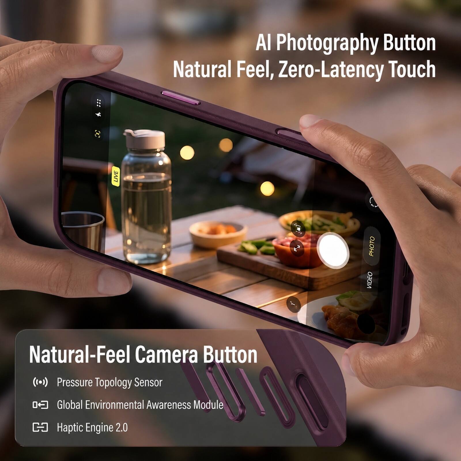 AI Photography Button Natural Feel, Zero-Latency Touch

LIVE PHOTO VIDEO

Natural-Feel Camera Button
Pressure Topology Sensor
Global Environmental Awareness Module
Haptic Engine 2.0