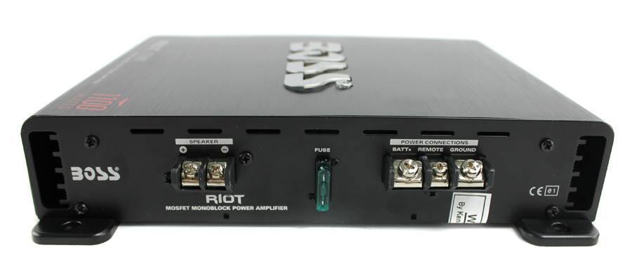 Sure, here is the corrected and grouped text from the image:

---

**BOSS**

**RIOT**  
MOSFET MONOBLOCK POWER AMPLIFIER

**SPEAKER**  
(Positive and Negative terminals)

**POWER CONNECTIONS**  
- BATT.  
- REMOTE  
- GROUND

**FUSE**

**CE**  
**e1**

**4Ω**  
**8Ω**

---