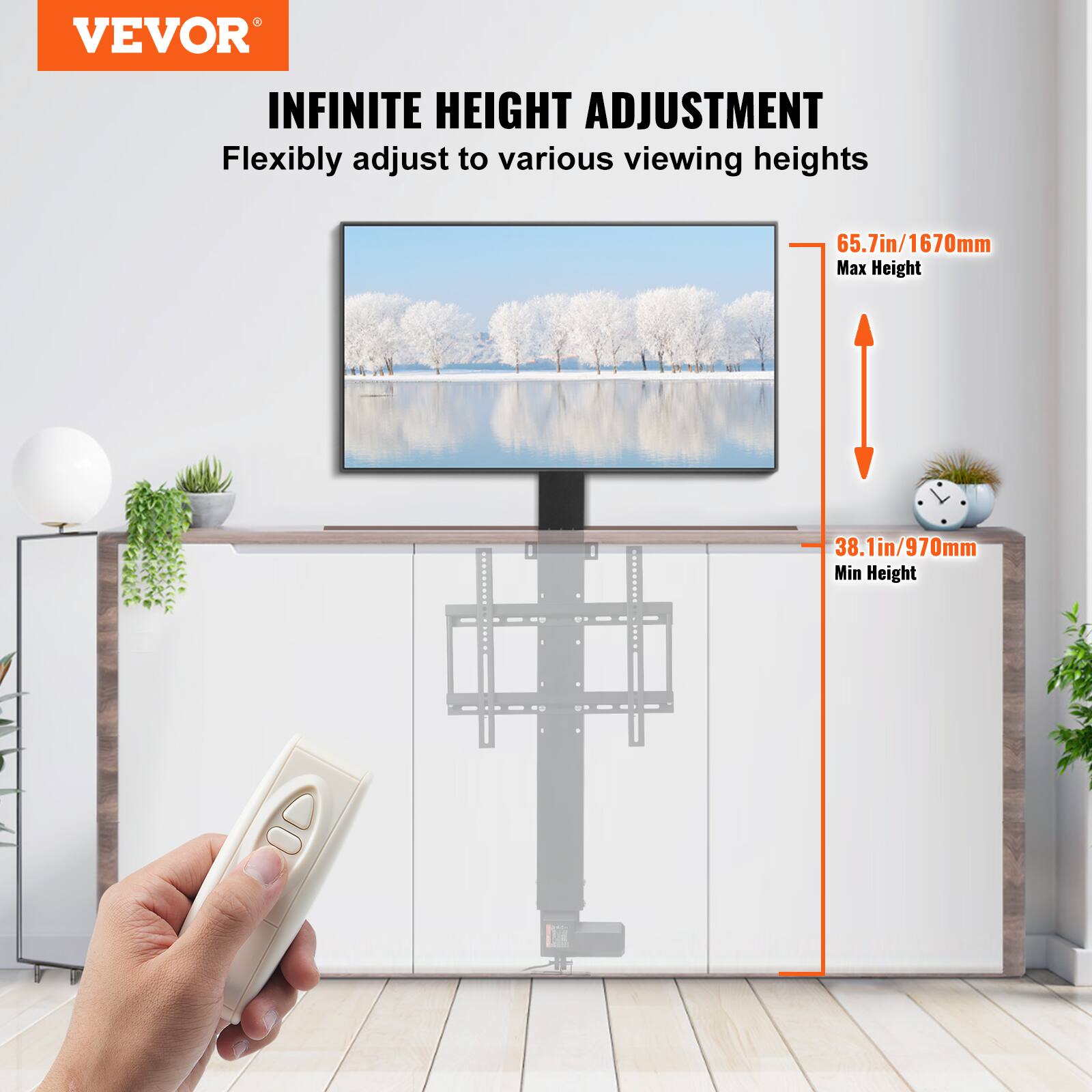VEVOR

INFINITE HEIGHT ADJUSTMENT  
Flexibly adjust to various viewing heights

65.7in/1670mm  
Max Height

38.1in/970mm  
Min Height