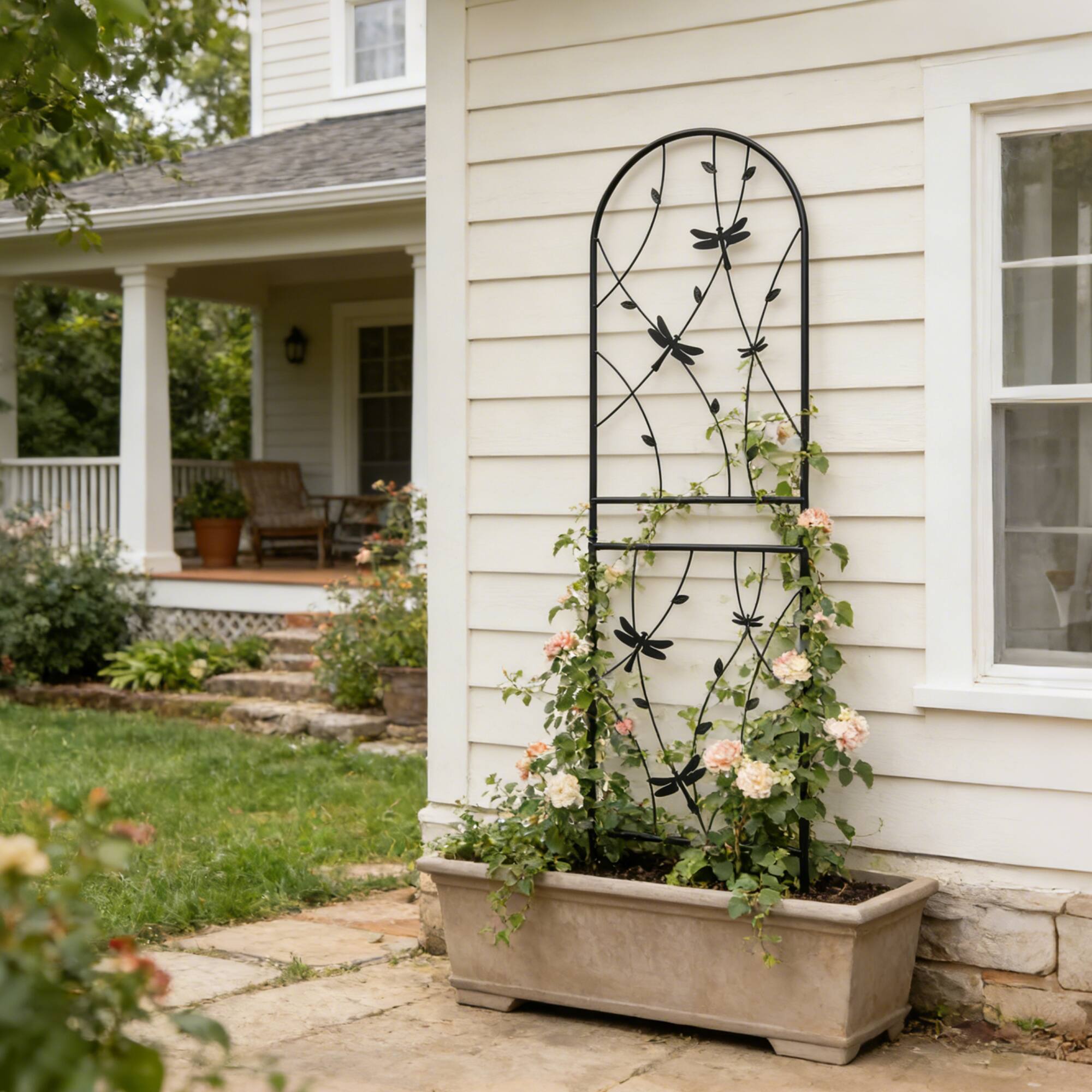 Back. Loheer - Rustproof Metal Garden Trellis Set, 5.9 ft x 1.64 ft Climbing Plant Support for Outdoor Decor, 2 Pack - Black.