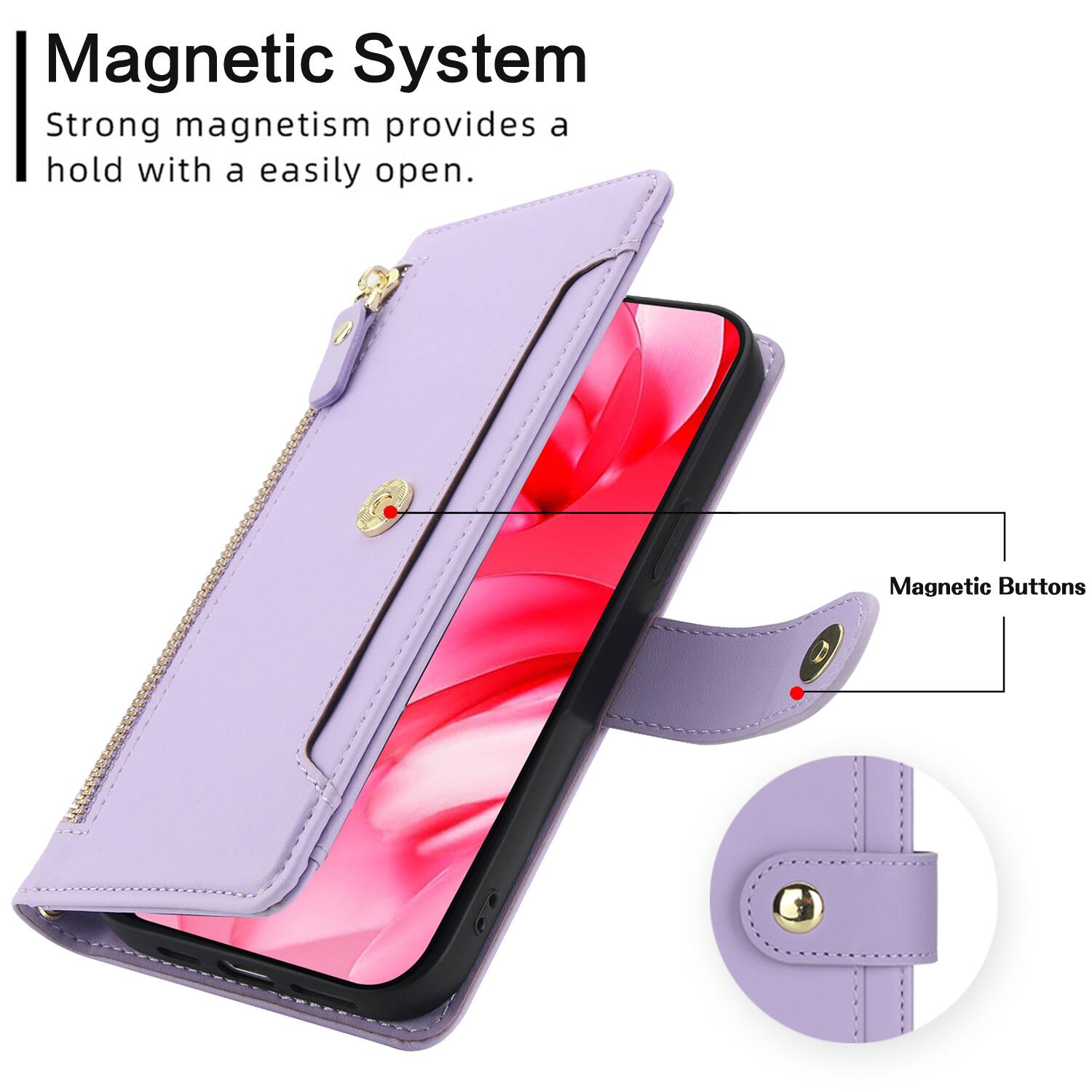 Magnetic System  
Strong magnetism provides a hold with a easily open.  
Magnetic Buttons
