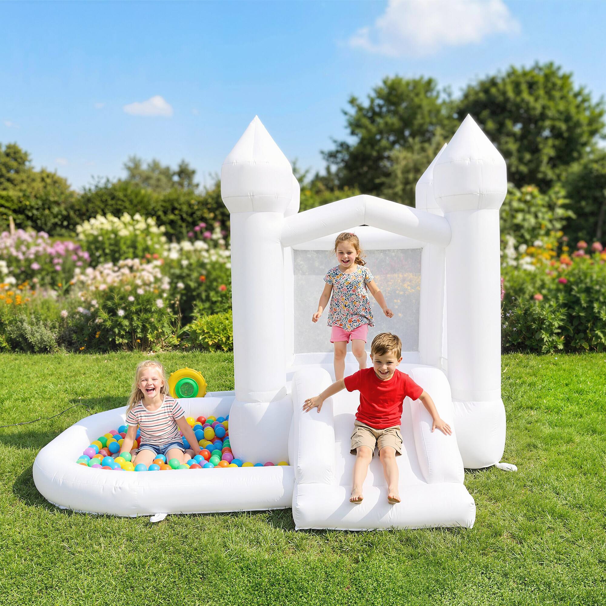 Alt View 1. Qaba - Bounce House, 3-in-1 White Castle Bouncy House with Slide - White.