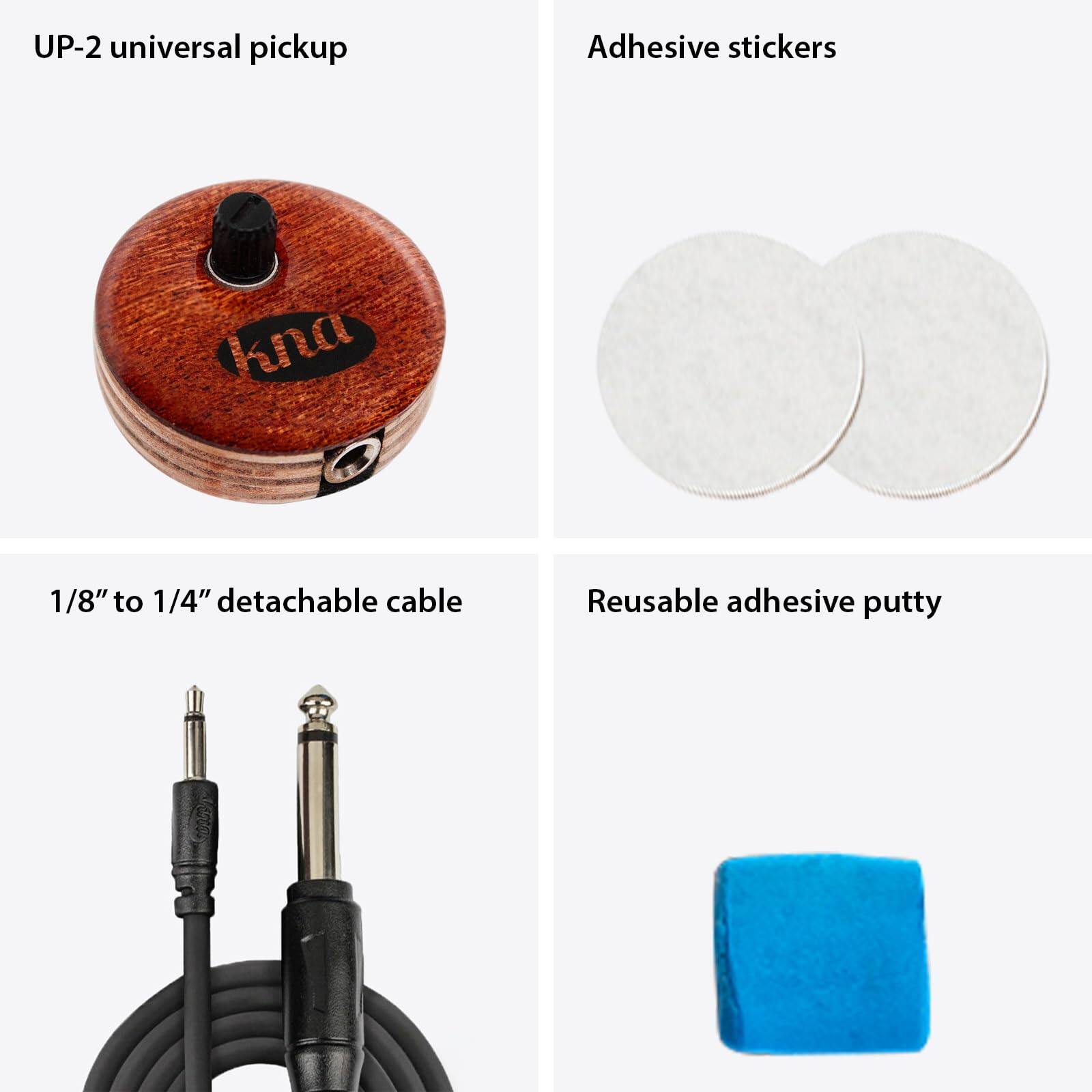 UP-2 universal pickup

Adhesive stickers

1/8" to 1/4" detachable cable

Reusable adhesive putty