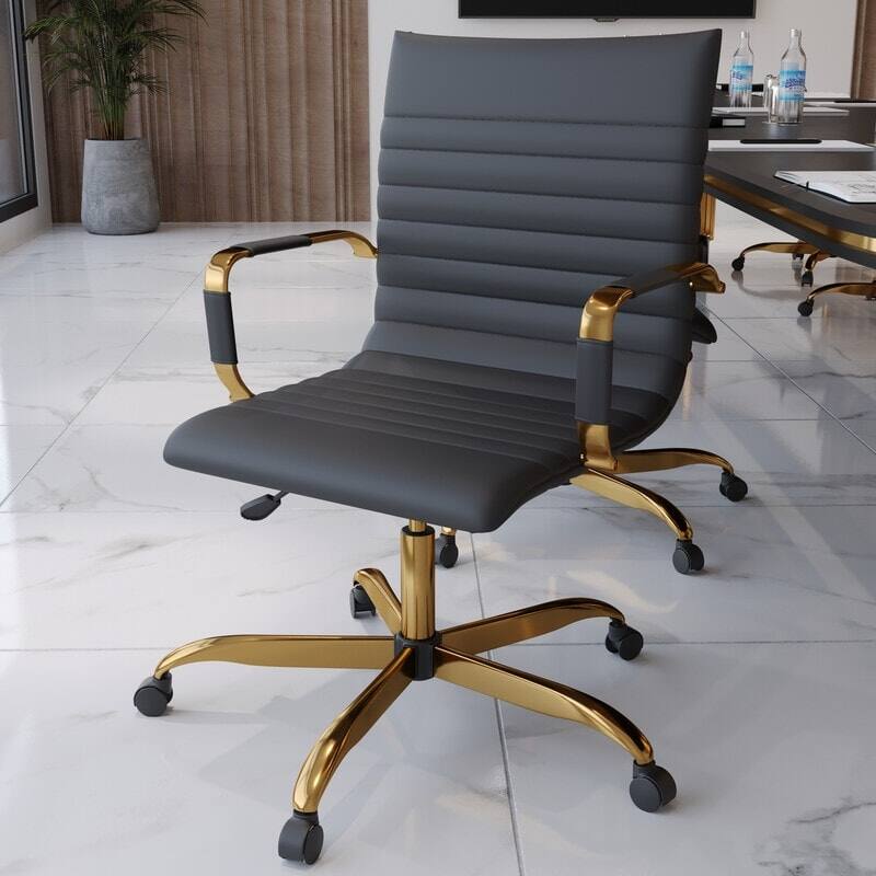 Left. LeisureMod - Harris Mid-Back Office Chair, Leather Upholstery with Gold Metal Frame Modern Armless Desk Chair for Conference Seating - Black.