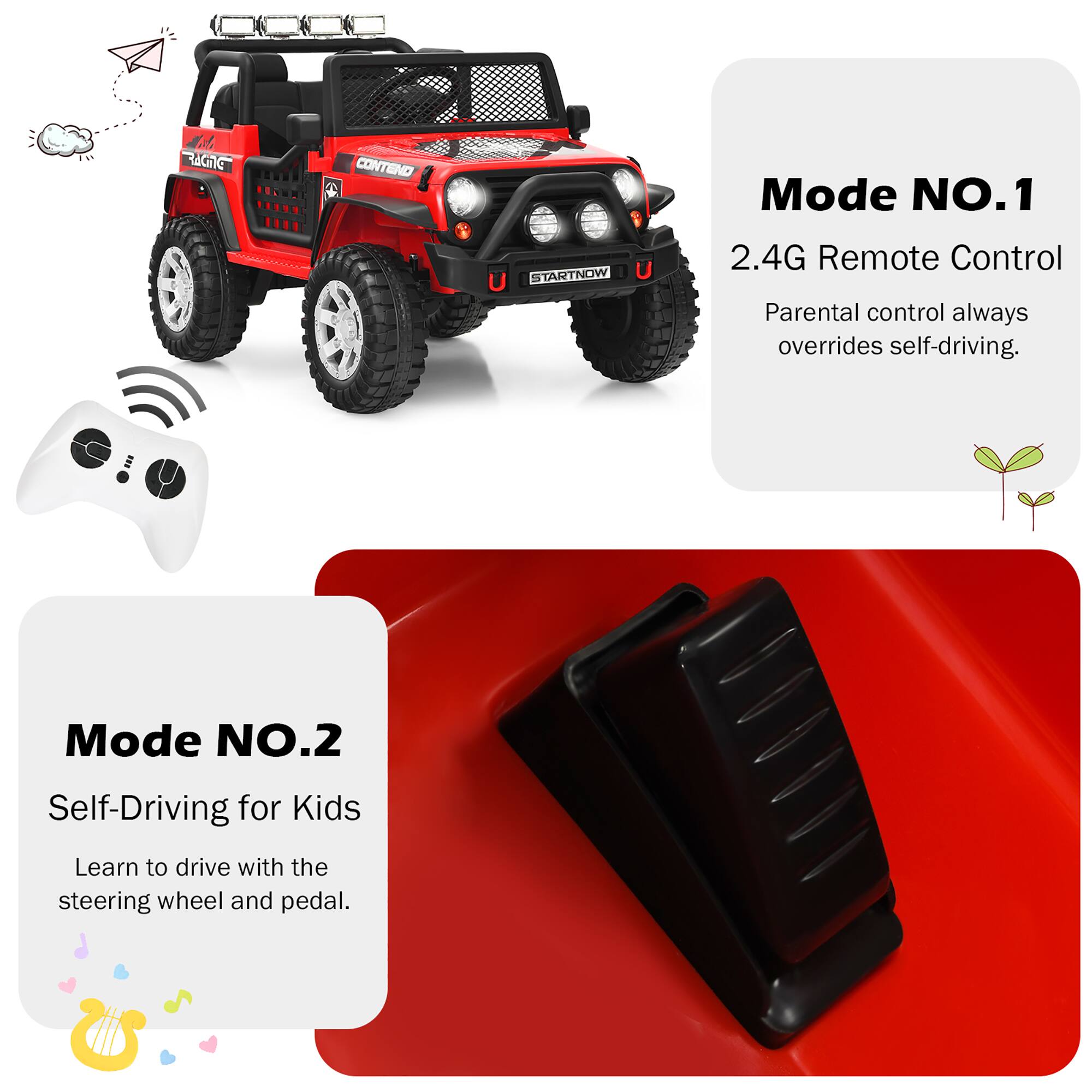 Mode NO.1  
2.4G Remote Control  
Parental control always overrides self-driving.

Mode NO.2  
Self-Driving for Kids  
Learn to drive with the steering wheel and pedal.