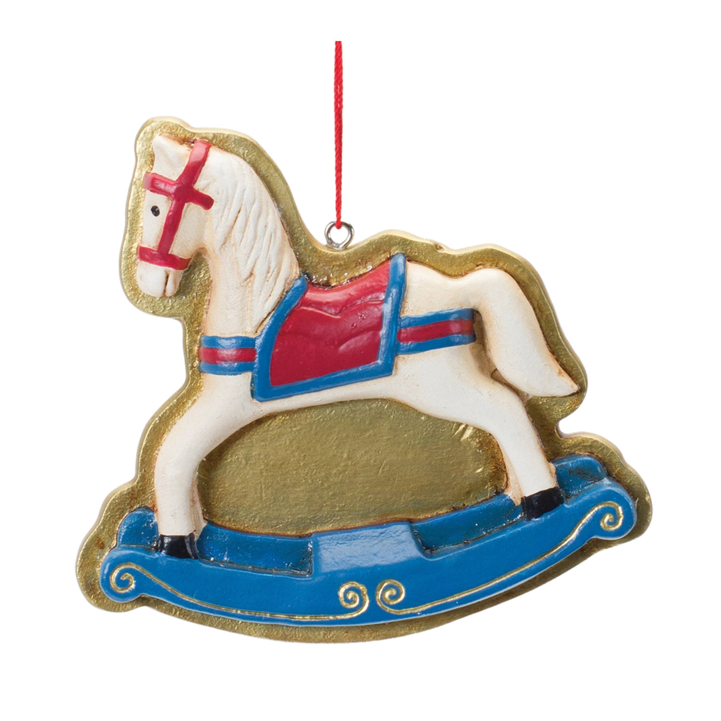 Left. BreeBe - Rocking Horse and Toy Train Ornament (Set of 12) - Blue, Gold.