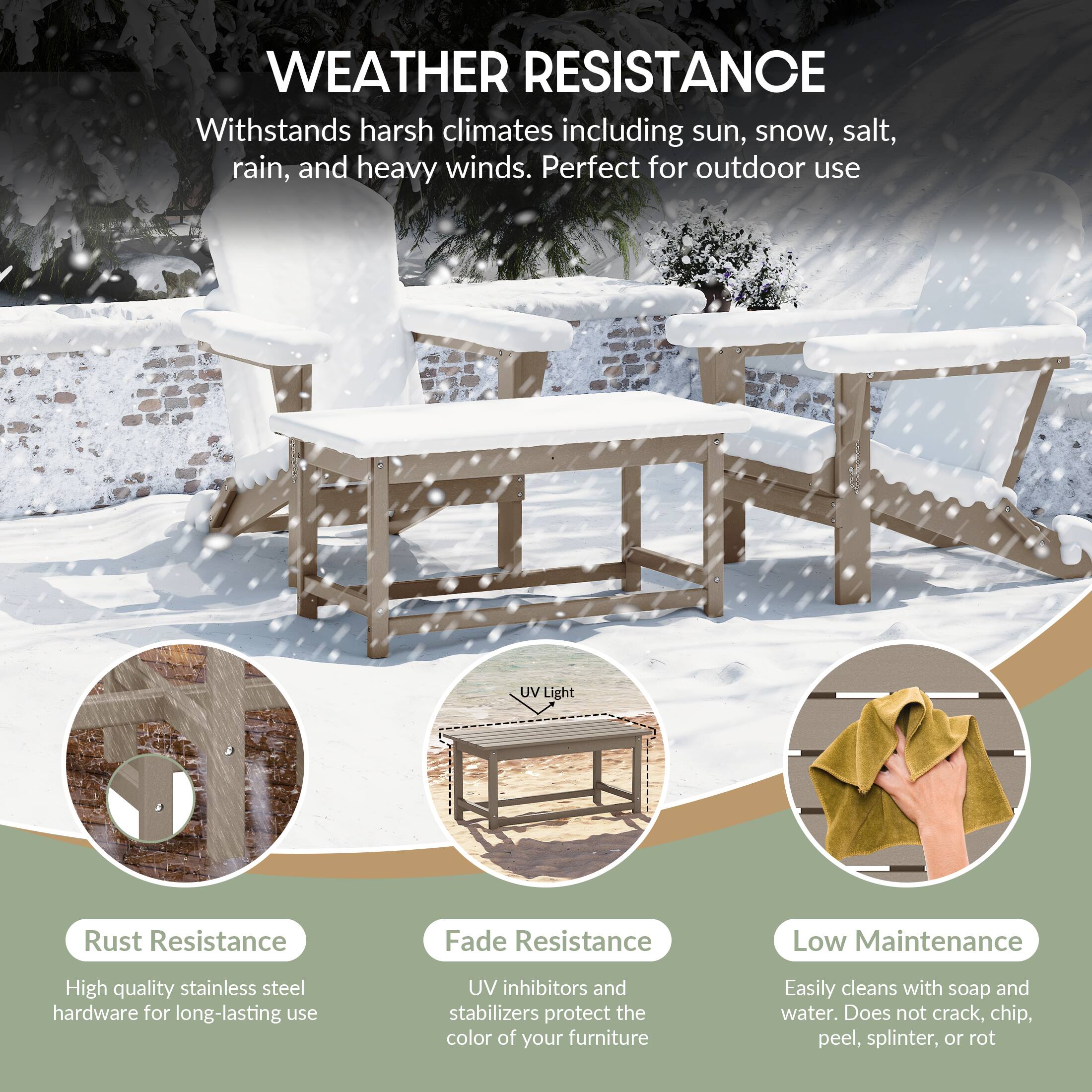 WEATHER RESISTANCE  
Withstands harsh climates including sun, snow, salt, rain, and heavy winds. Perfect for outdoor use.

- Rust Resistance  
  High quality stainless steel hardware for long-lasting use

- Fade Resistance  
  UV inhibitors and stabilizers protect the color of your furniture

- Low Maintenance  
  Easily cleans with soap and water. Does not crack, chip, peel, splinter, or rot