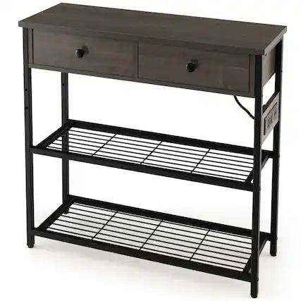 Front. Resenkos - Narrow Console Table with 2 Drawers and 2 Metal Mesh Shelves-Gray, Narrow Console Table, Entryway Hall Table - Gray.