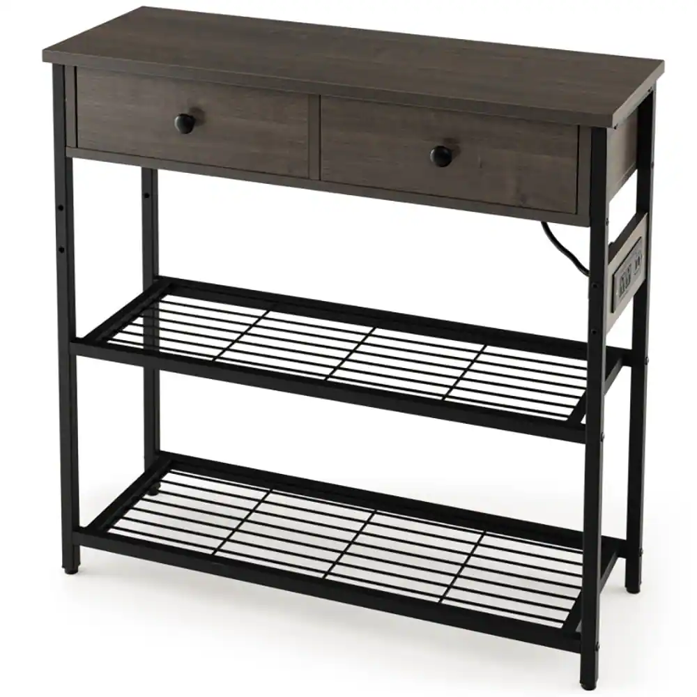 Front. Resenkos - Narrow Console Table with 2 Drawers and 2 Metal Mesh Shelves-Gray, Narrow Console Table, Entryway Hall Table - Gray.