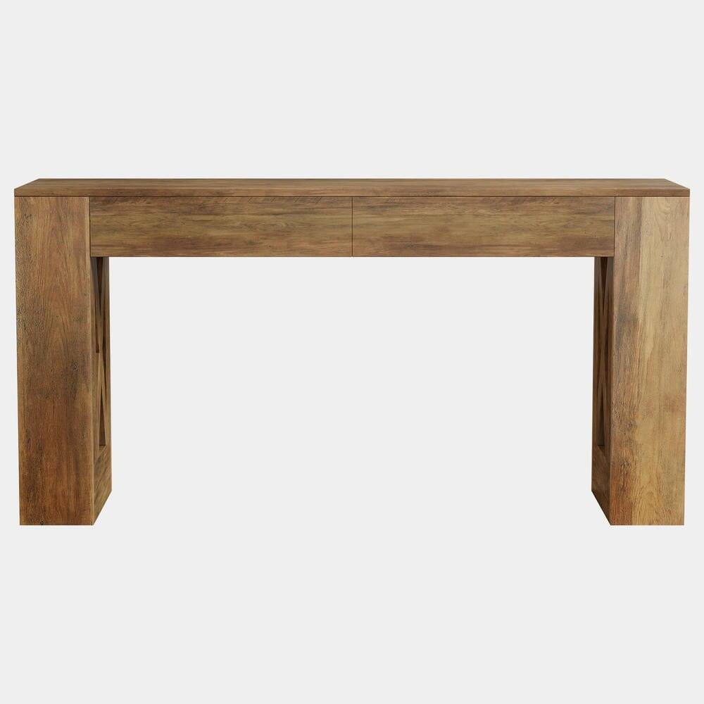 Back. Kadyn - 63-Inch Farmhouse Console Table with 2 Drawers and X-Legs, Narrow Sofa Table, Warm Brown - Brown.