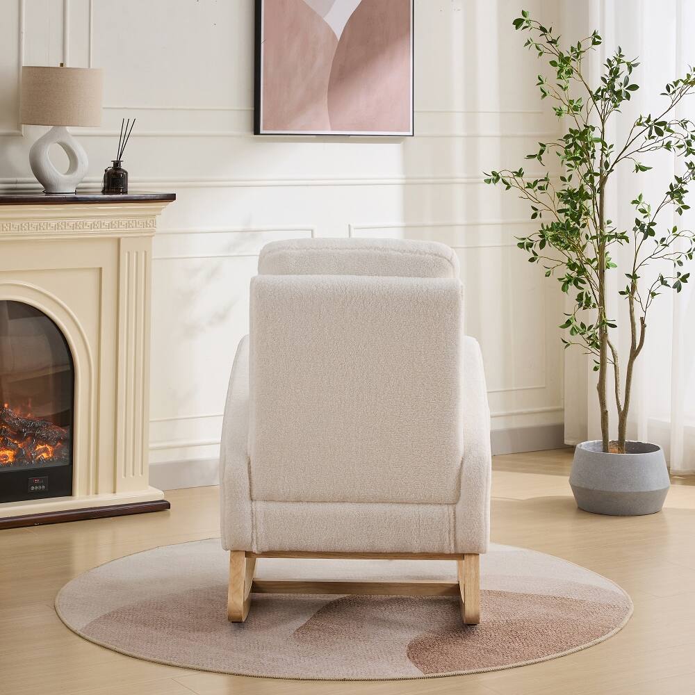 Back. Loheer - Loheer Ivory Sherpa Rocking Chair High Back Nursery Glider Accent Armchair with Side Pocket and Rubber Wood Legs - Ivory.