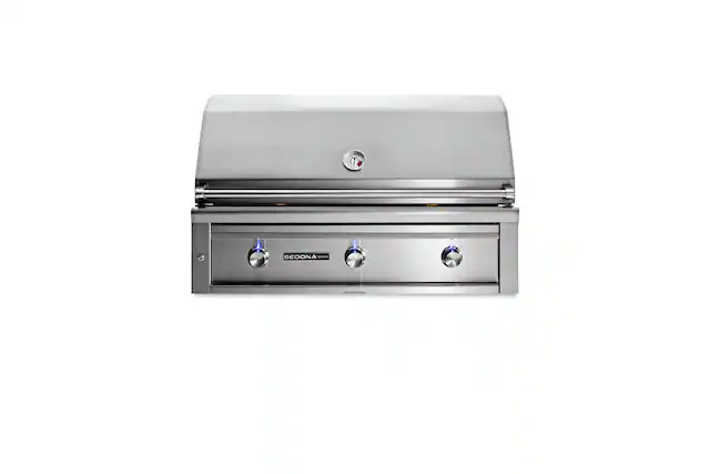 A stainless steel grill with a silver lid.