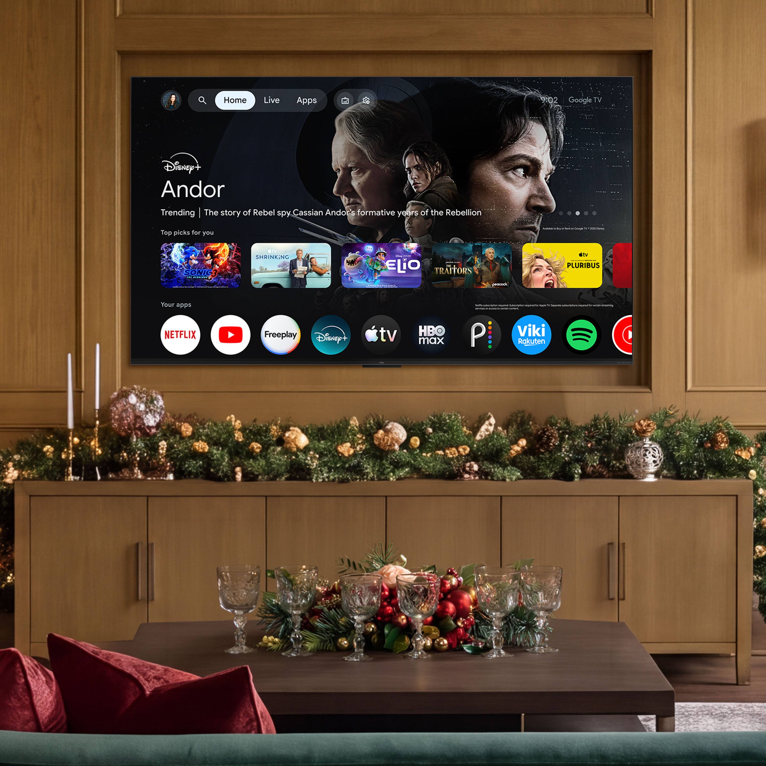 Home  
Live  
Apps  

9:02 Google TV  

Disney+ Andor  
Trending | The story of Rebel spy Cassian Andor's formative years of the Rebellion  

Top picks for you  
SONIC  
SHRINKING  
ELiO  
TRAITORS  
stv  
PLURIBUS  

Your apps  
NETFLIX  
Freeplay  
Disney+  
tv  
HBO max  

Viki  
Rakuten