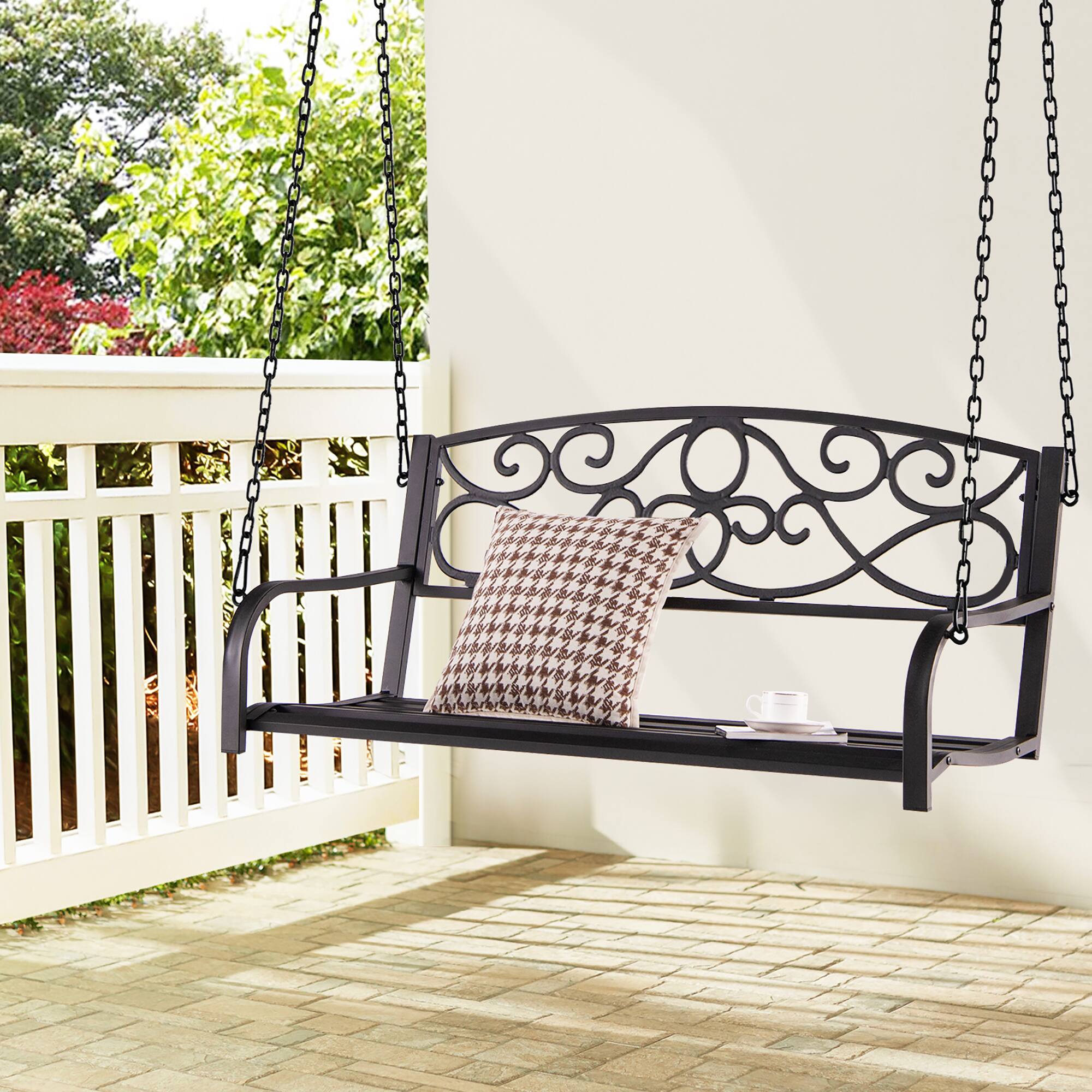 Alt View 1. Costway - Costway Outdoor 2-Person Metal Porch Swing Hanging Patio Bench 485 Lbs Capacity - Brown.
