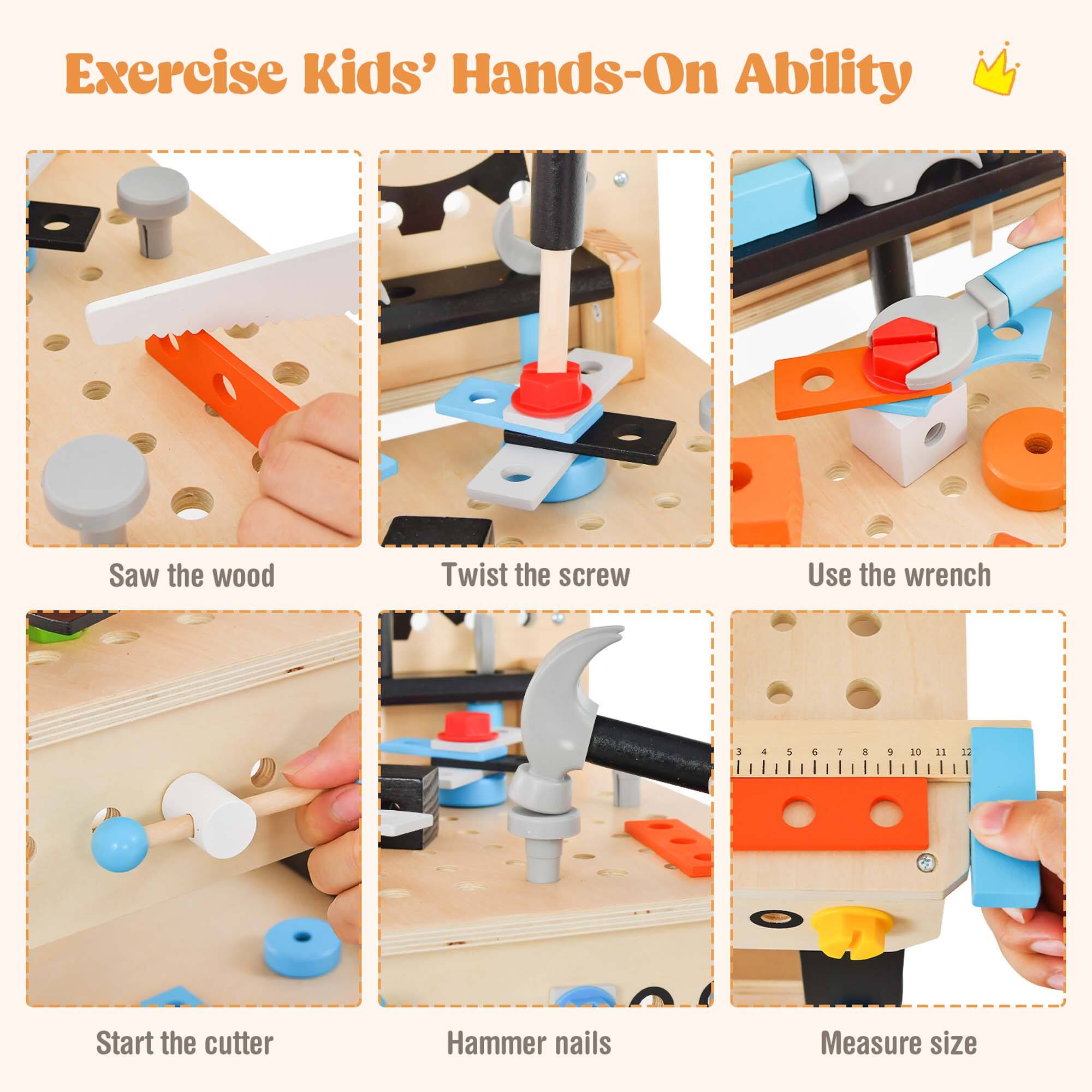 Exercise Kids' Hands-On Ability

- Saw the wood
- Twist the screw
- Use the wrench
- Start the cutter
- Hammer nails
- Measure size