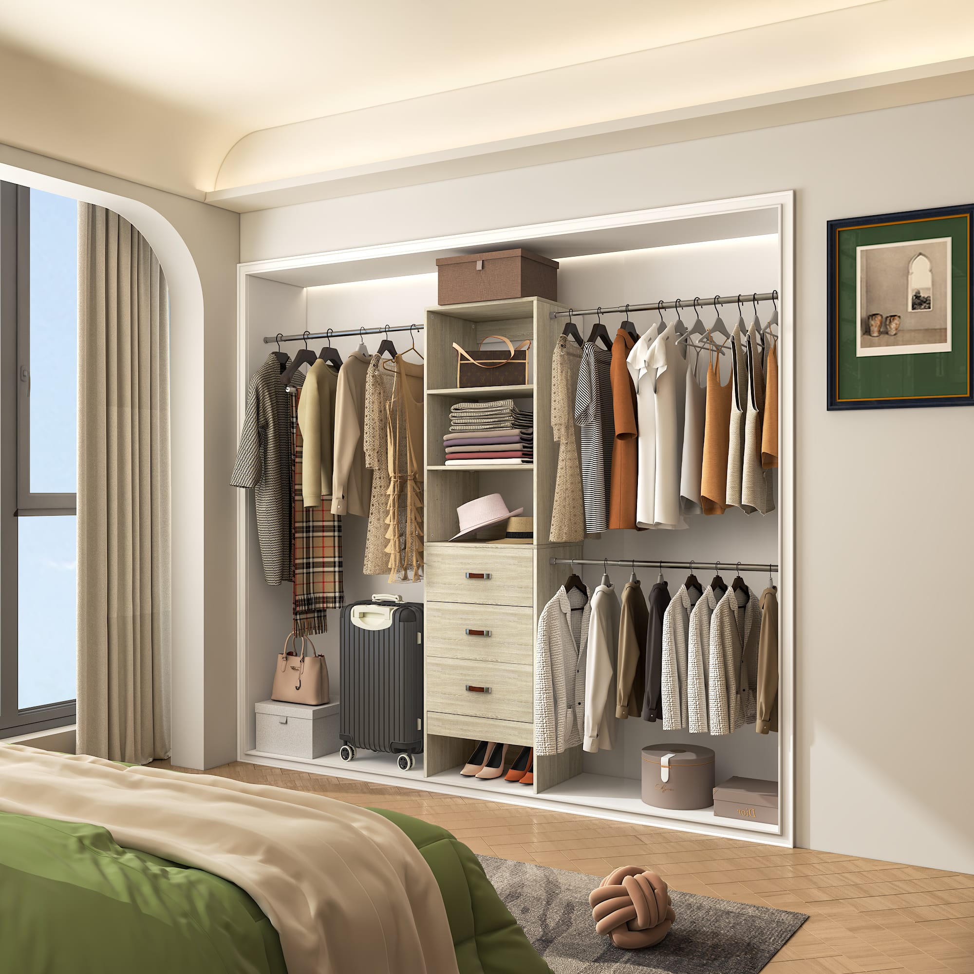 Front. Aheaplus - 96-inch Closet System: 3 Hanging Rods & 3 Wooden Drawers, Adjustable for 5-8FT Walk-in Wardrobe - White Oak.