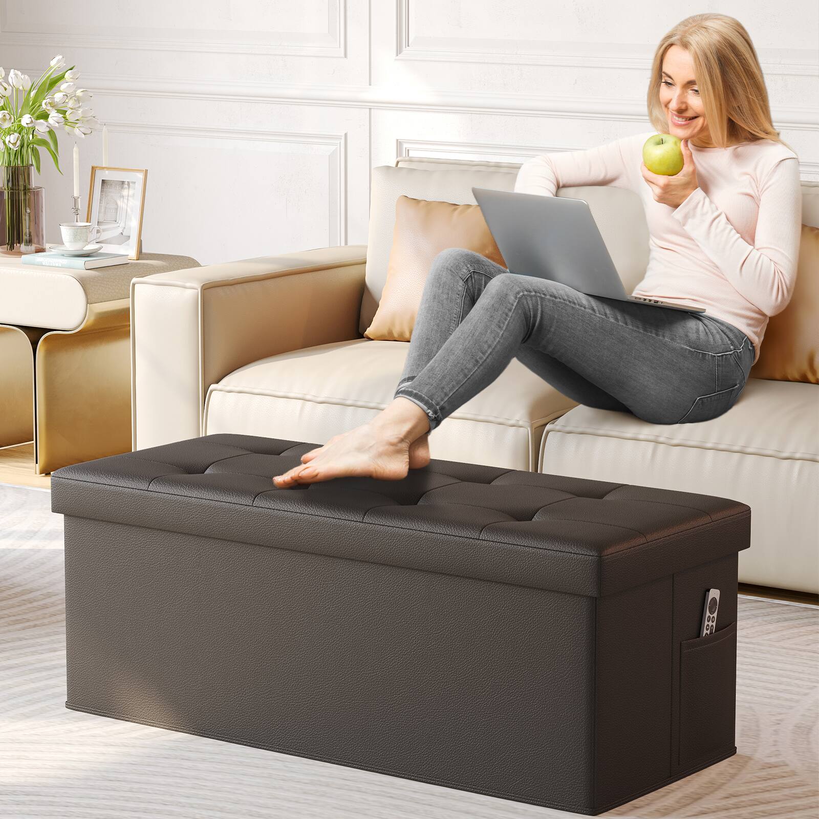 Left. Pinmoco - Pinmoco - Leather Storage Ottoman Foldable Entryway Bench with Cozy Blanket and Side Pocket - Dark Brown.