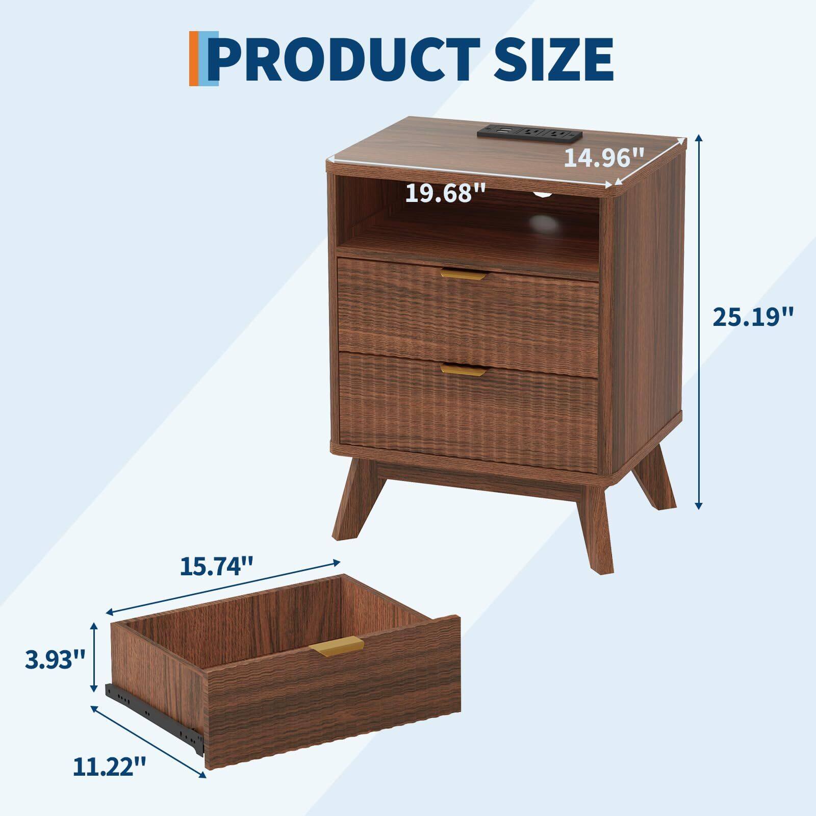 Alt View 2. Acekool - Fluted Nightstand  Set of 2 with Charging Station, 15" Mid Century Modern Bedside Table with 2 Drawer - Brown.