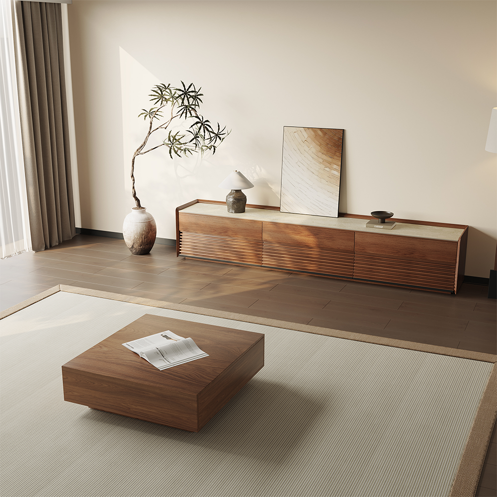 Left. POVISON - 95" Fully-Assembled Mid-Century Matte Sintered Stone Tabletop TV Stand, Walnut Color Cabinet with Adjustable Light - Glossy White & Walnut.