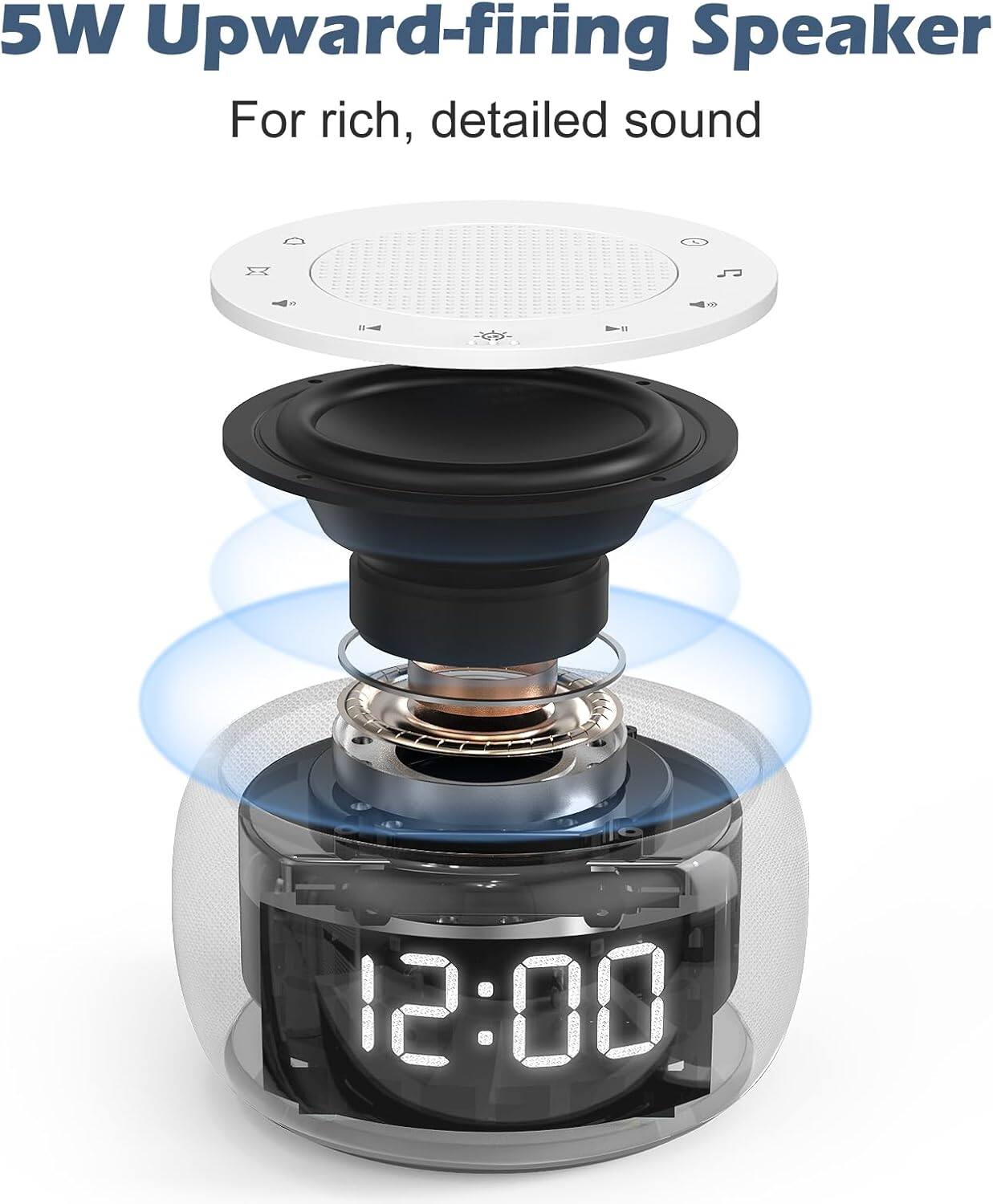 5W Upward-firing Speaker  
For rich, detailed sound  

12:00