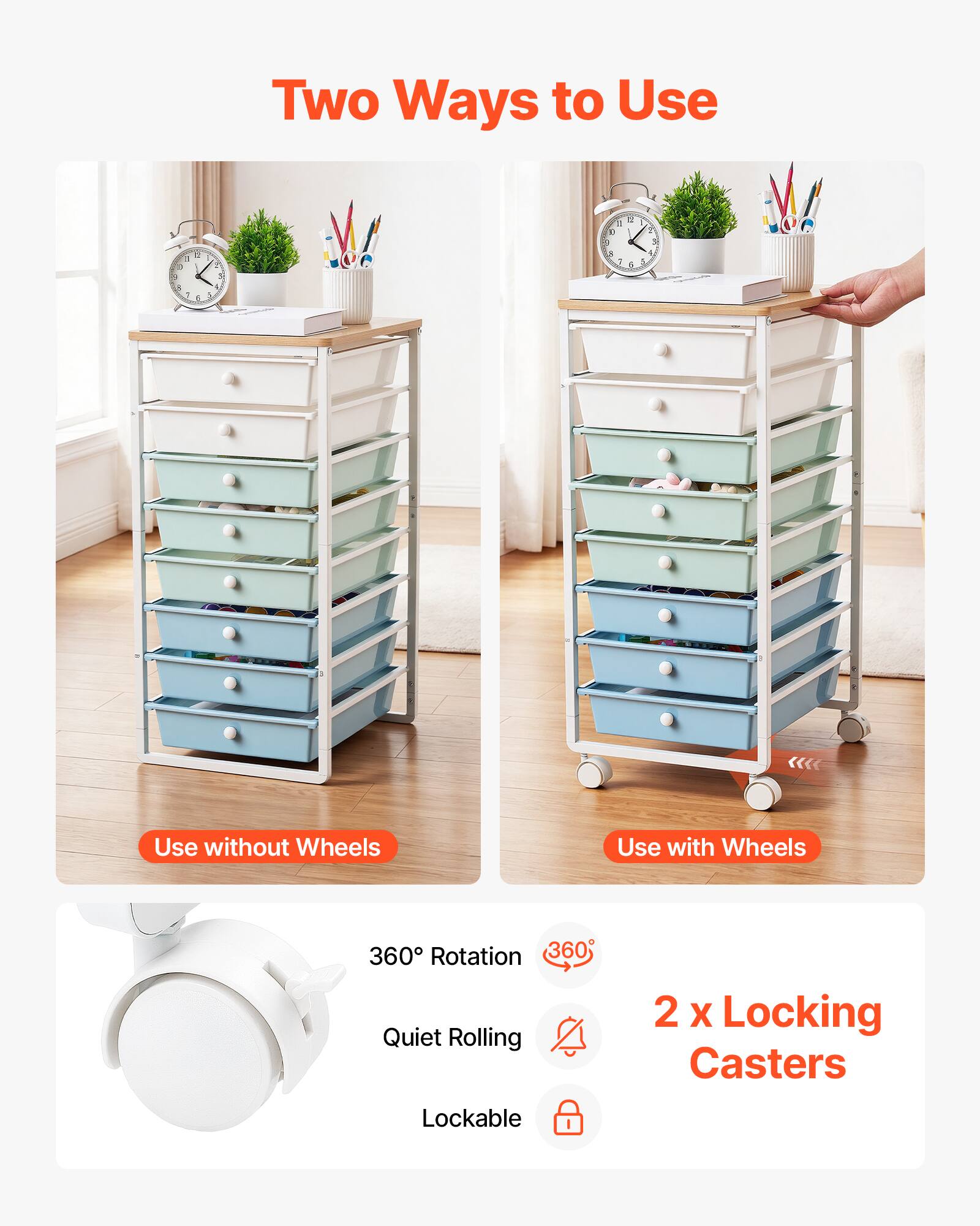Two Ways to Use

1. Use without Wheels
2. Use with Wheels

360° Rotation
Quiet Rolling
Lockable

2 x Locking Casters