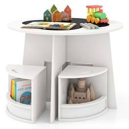 Gymax - 5-PC Kids Table & Chair Set w/Writable Blackboard&Storage Stools for Read - White