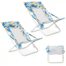 Costway - Folding Low Beach Chair, Set of 2 with Padded Head Pillow, Mesh Back, Cup Holder - Blue