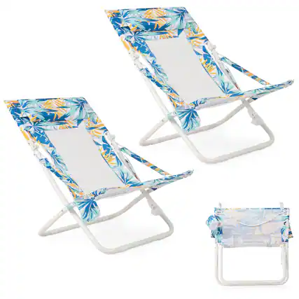 Front. Costway - Costway Folding Low Beach Chair, Set of 2 with Padded Head Pillow, Mesh Back, Cup Holder - Blue.