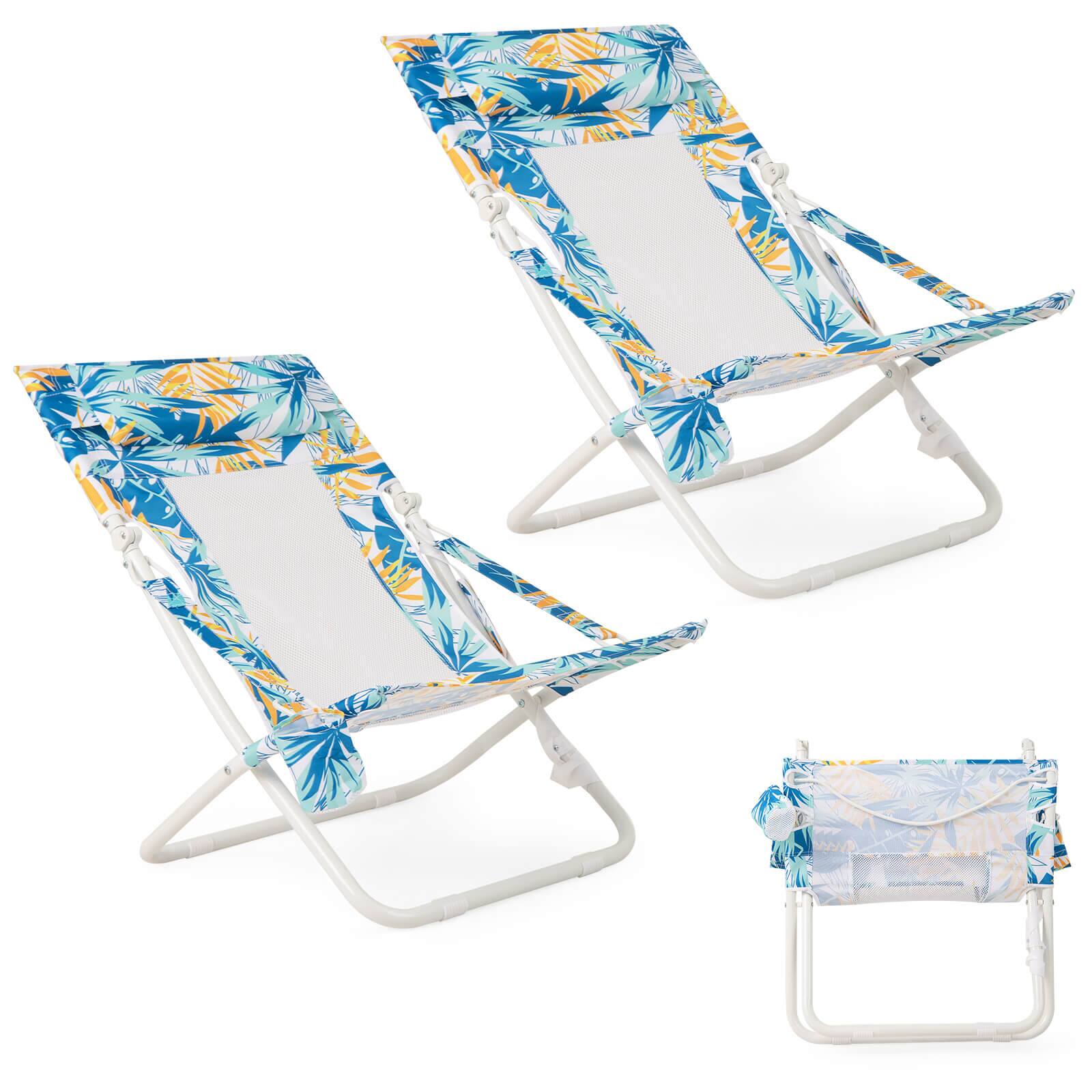 Front. Costway - Costway Folding Low Beach Chair, Set of 2 with Padded Head Pillow, Mesh Back, Cup Holder - Blue.