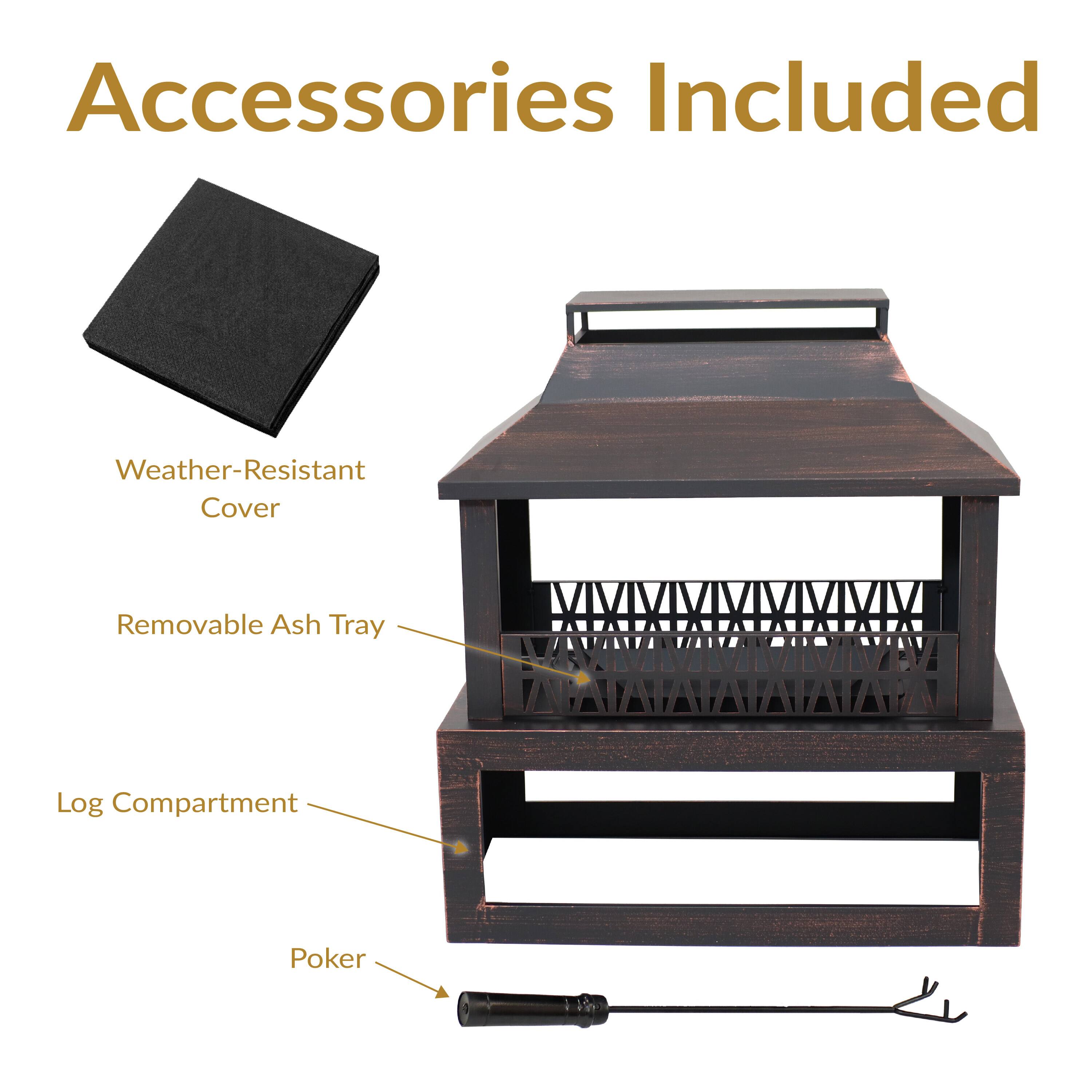 Accessories Included

- Weather-Resistant Cover
- Removable Ash Tray
- Log Compartment
- Poker