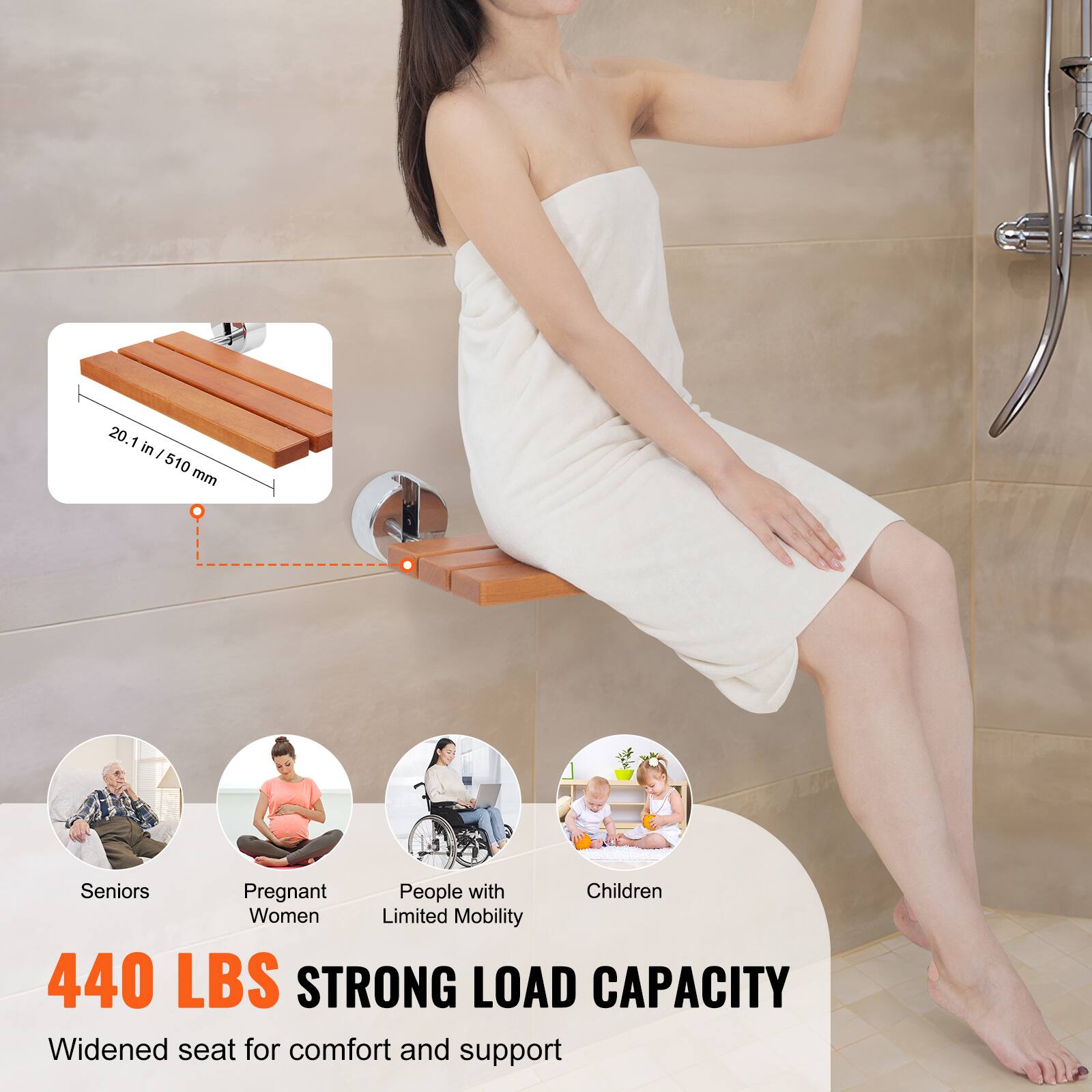 20.1 in - 510 mm  
Seniors, Pregnant Women, People with Children, Limited Mobility  
440 LBS STRONG LOAD CAPACITY  
Widened seat for comfort and support
