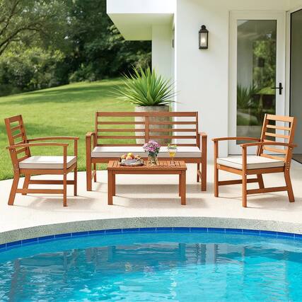 Front. Kadyn - 4 Pieces Outdoor Furniture Set, Small Patio Conversation Furniture Set with Stable Acacia Wood Frame-Beige - White.