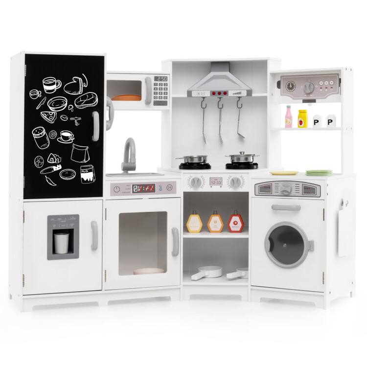 Front. SlickBlue - Corner Wooden Pretend Play Kitchen with Lights, Sounds for Kids - White.