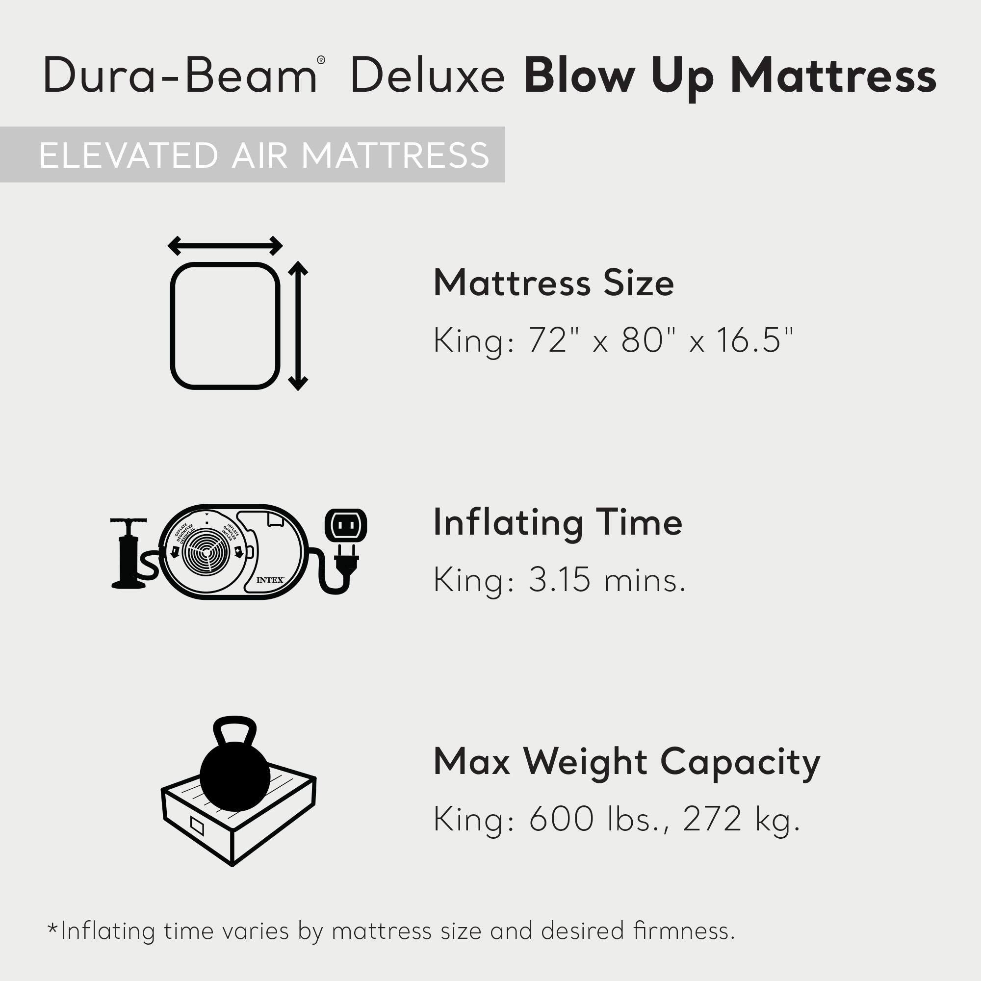 Dura-Beam® Deluxe Blow Up Mattress  
ELEVATED AIR MATTRESS  

**Mattress Size**  
King: 72" x 80" x 16.5"  

**Inflating Time**  
King: 3.15 mins.  

**Max Weight Capacity**  
King: 600 lbs., 272 kg.  

*Inflating time varies by mattress size and desired firmness.