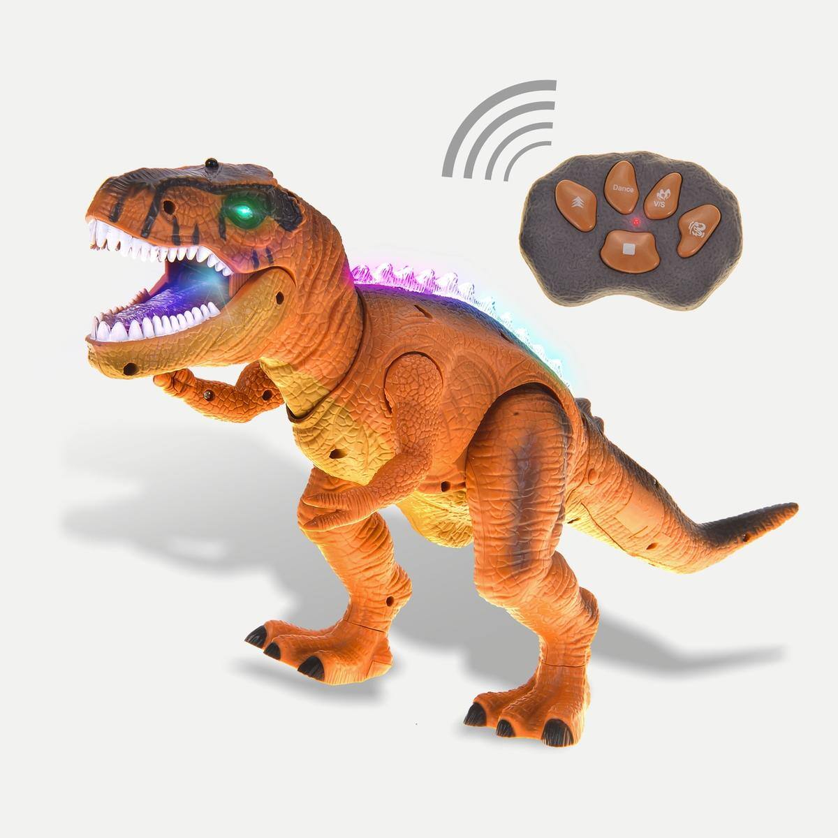JuzToys - Remote Control Dinosaur Toy, Walking T-Rex with Light & Sound Effects, RC Dino Toy for Kids – - Brown