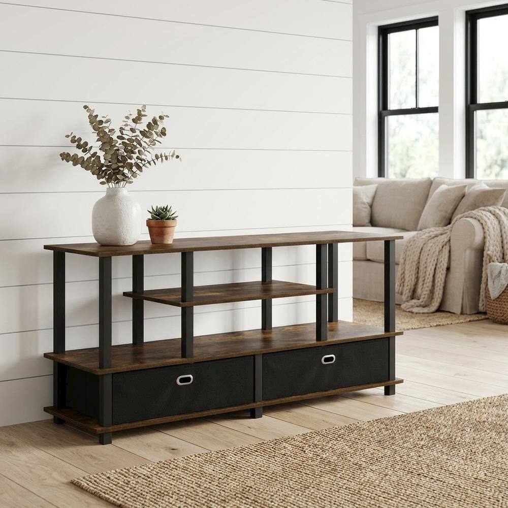 Alt View 1. FurniFact - Large TV Stand, up to 55-Inch TV, Storage Bin, Brown Finish, Rubberwood - White.