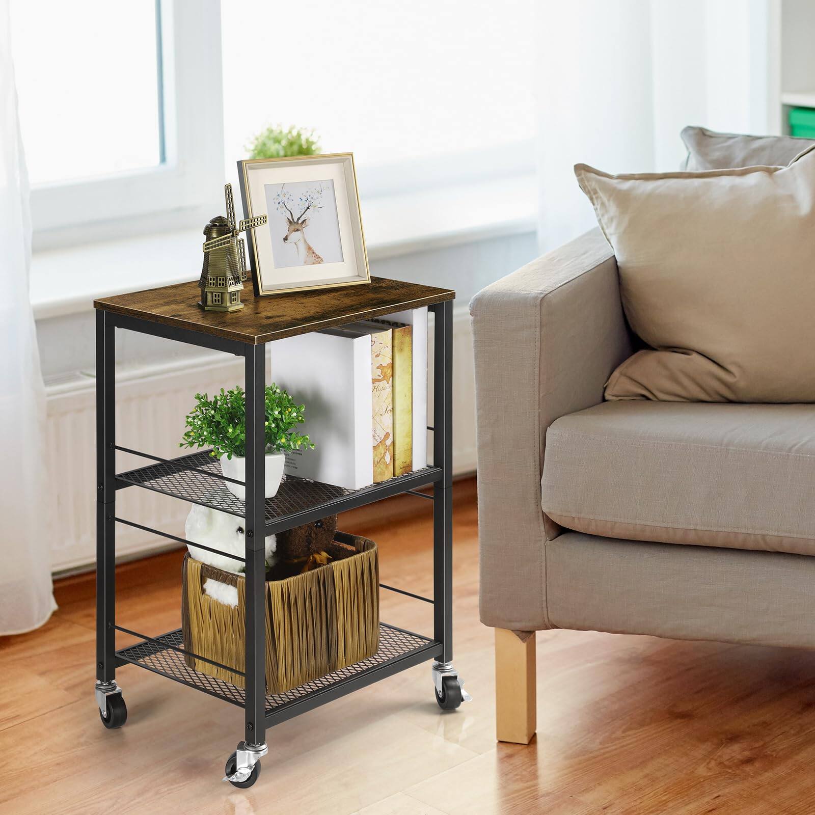 Back. PO3TICJUNKI3 - Side Table With Wheels Industrial Night Stand Storage Shelf 3 Tier Wood End Metal Frame For Space Living Ro... - Black.